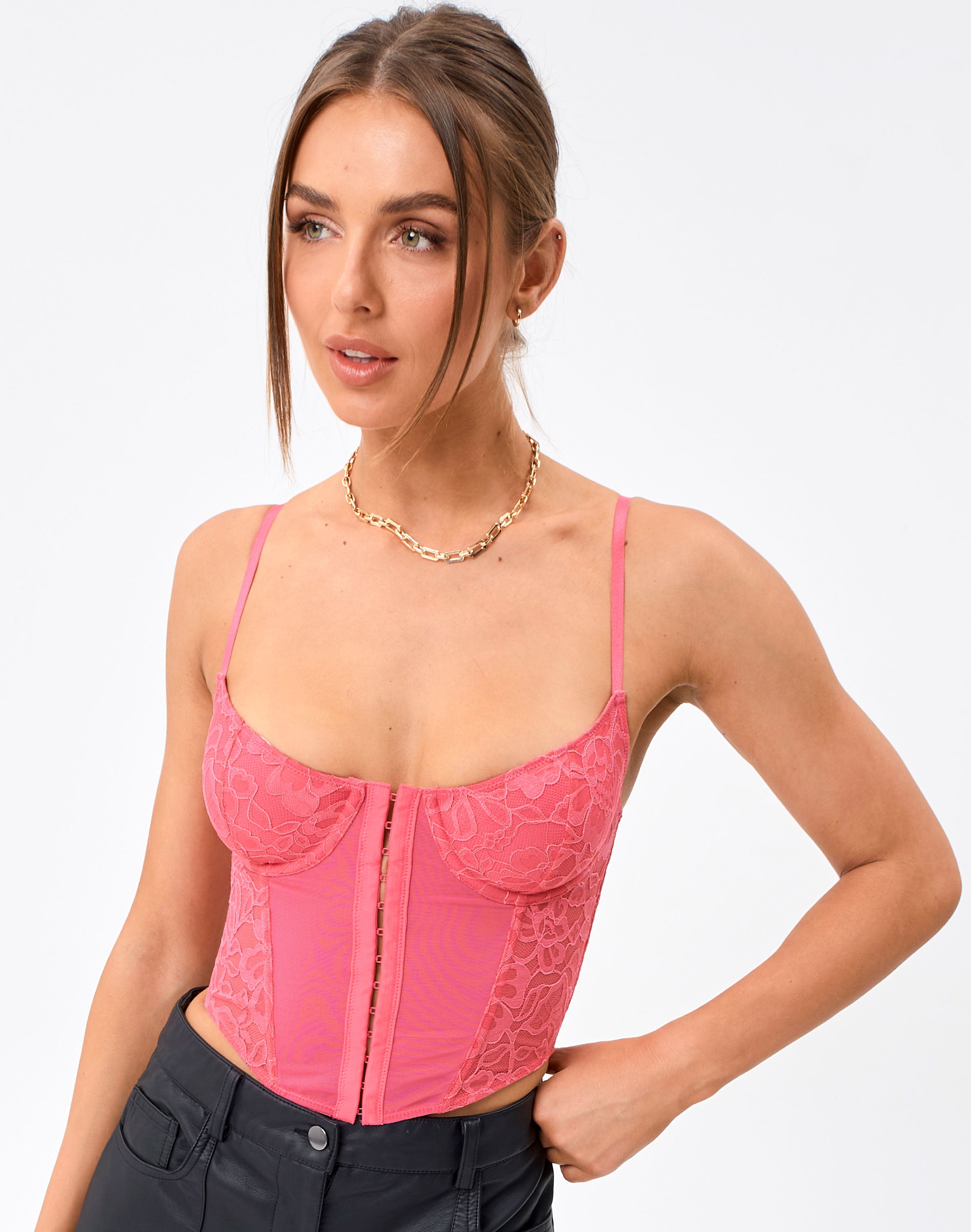 Lace Hook u0026 Eye Corset Top in Pink | Glassons