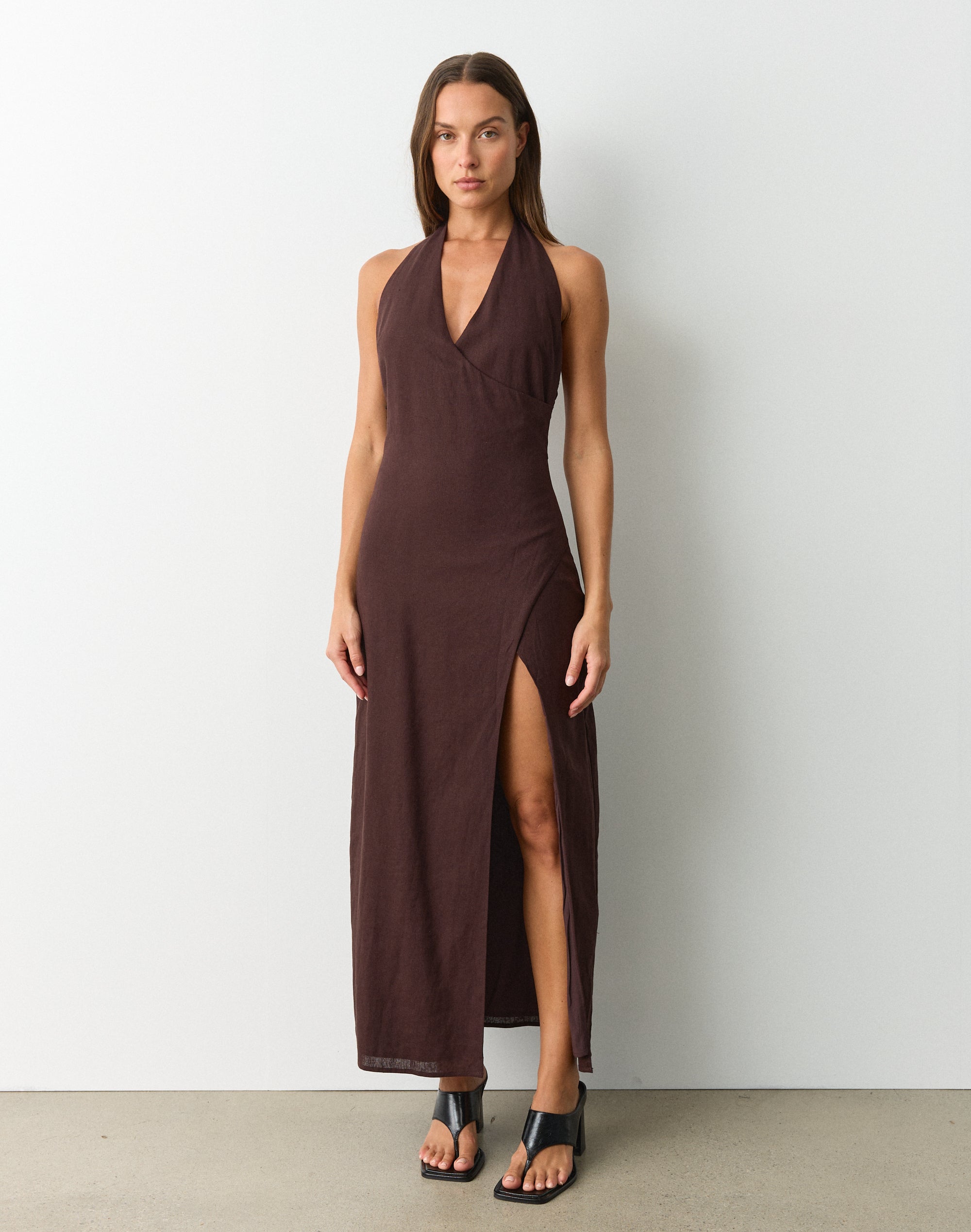 Linen Blend Halter Maxi Dress in Island Fudge | Glassons Linen Blend Halter Maxi Dress in Island Fudge | Glassons