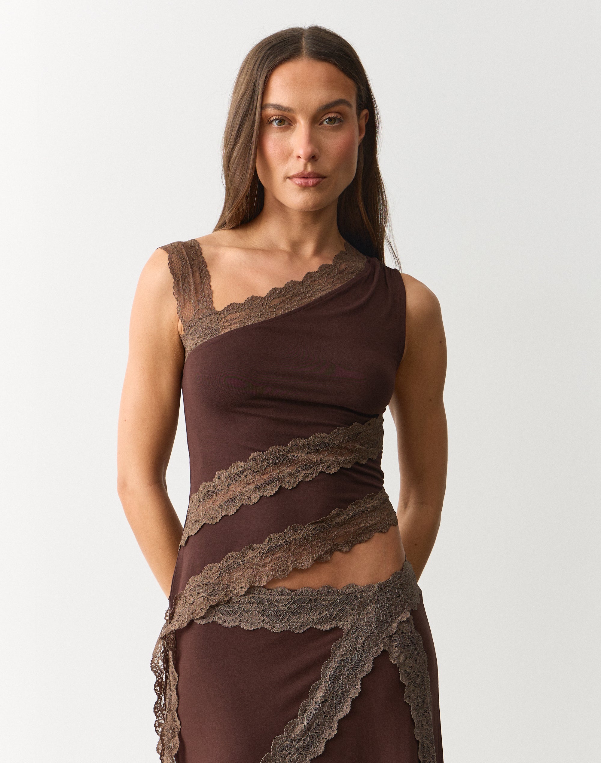 Lace Trim Asymmetrical Top in Fudge X Smokey Hazel | Glassons AU
