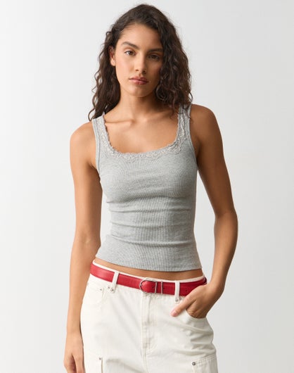 Gray Lace Trim Ribbed Cami main image 1