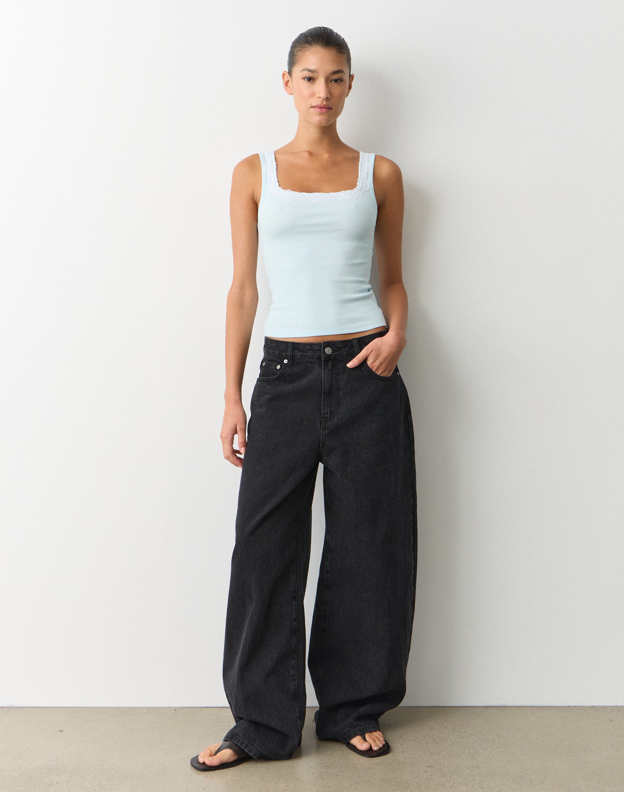 Contrast Rib Lace Trim Cami in Ocean Breezy X White | Glassons US