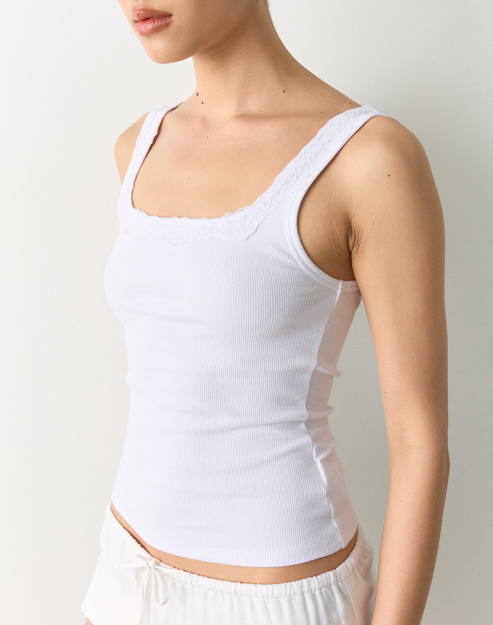 Rib Lace Trim Cami in White | Glassons US