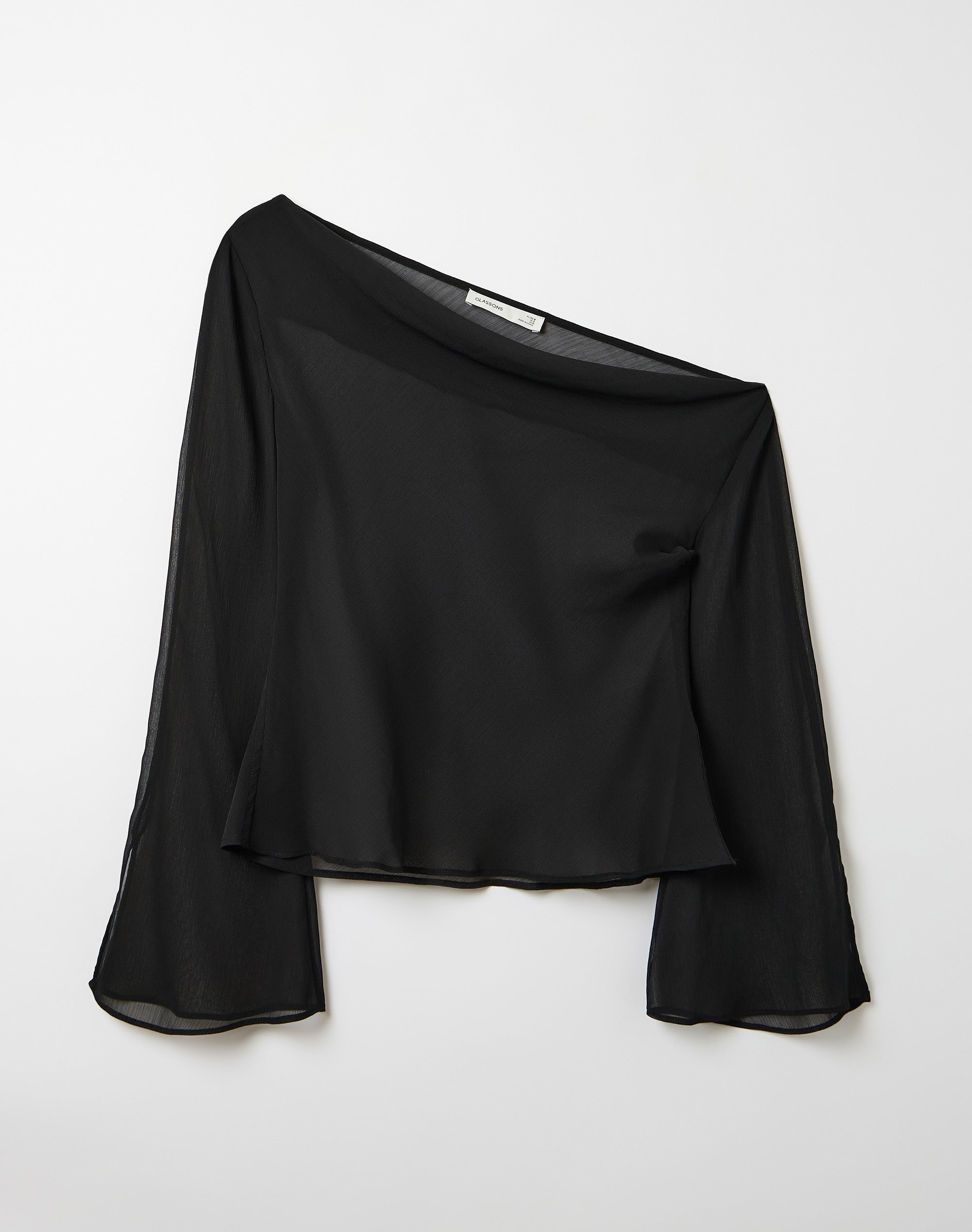 Sheer Off Shoulder Long Sleeve Blouse in Black | Glassons
