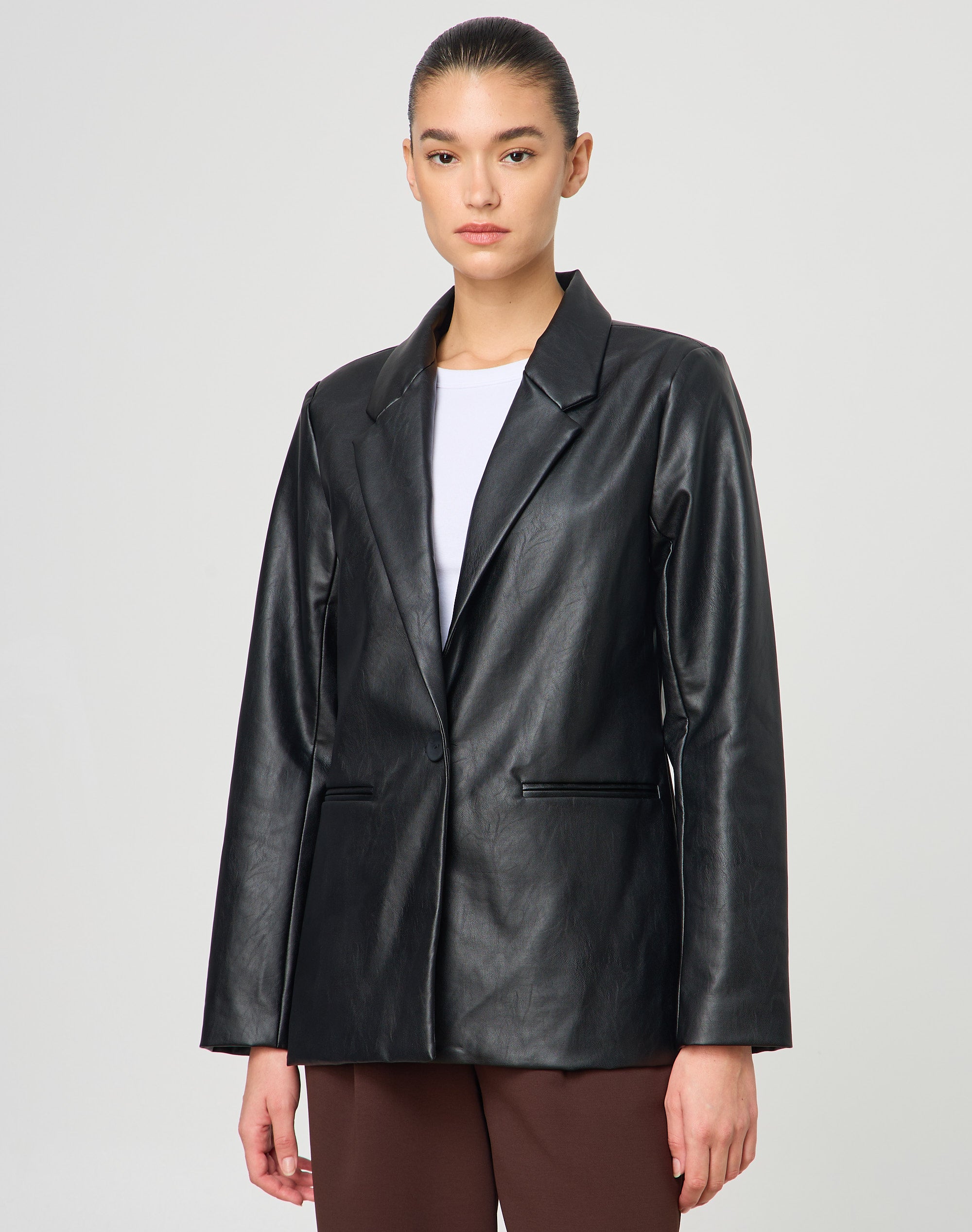 Faux Leather Blazer In Black Glassons
