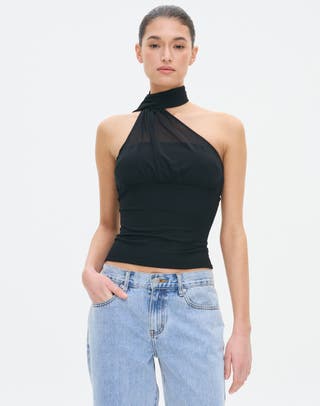 GORGLITTER Women's Polka Dot Ruched Tube Top - Strapless Halter With Mesh & Scarf, Backless Going Out Top