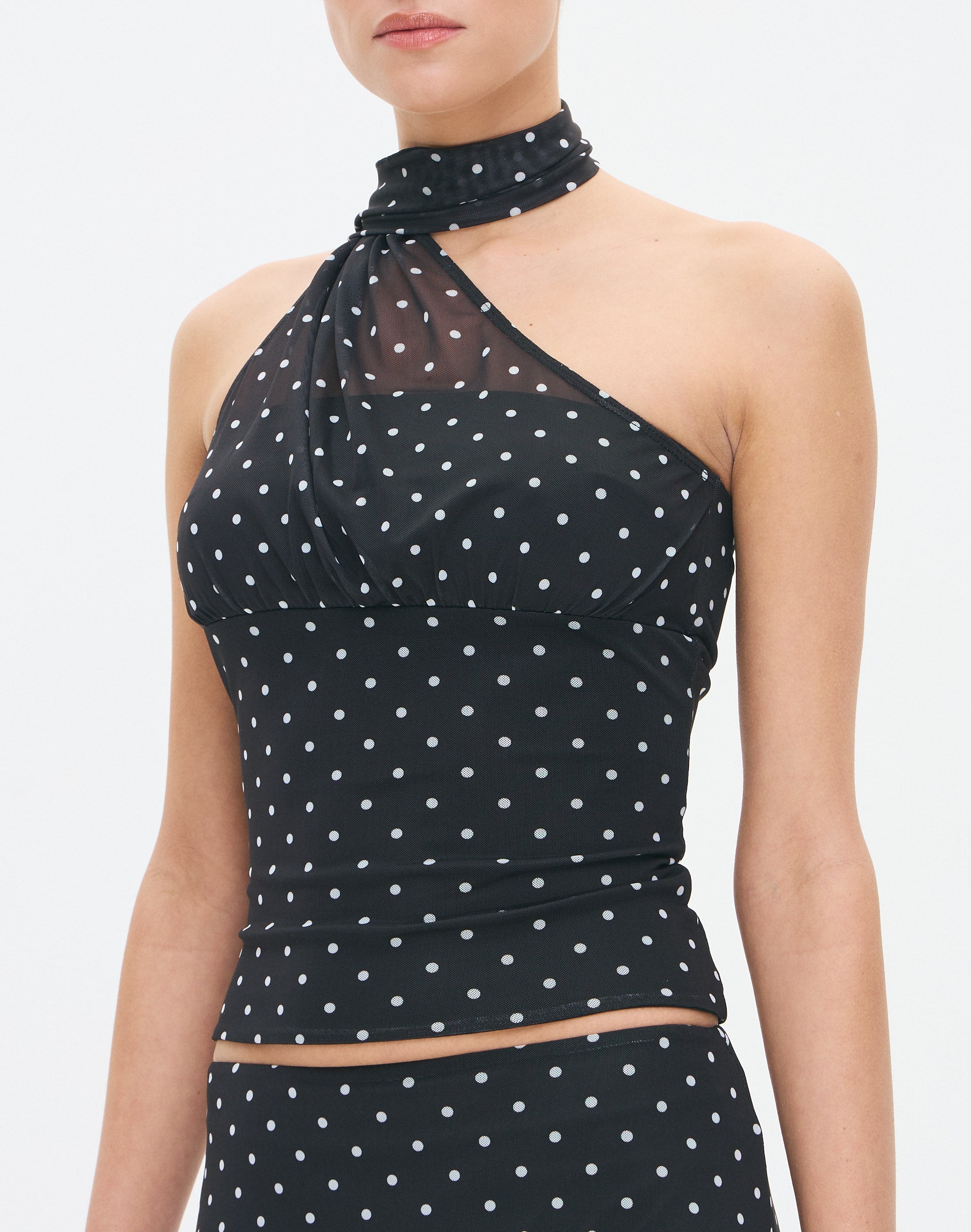 Print Mesh Scarf Halter Top in Black X White Maria Polkadot - Main Image