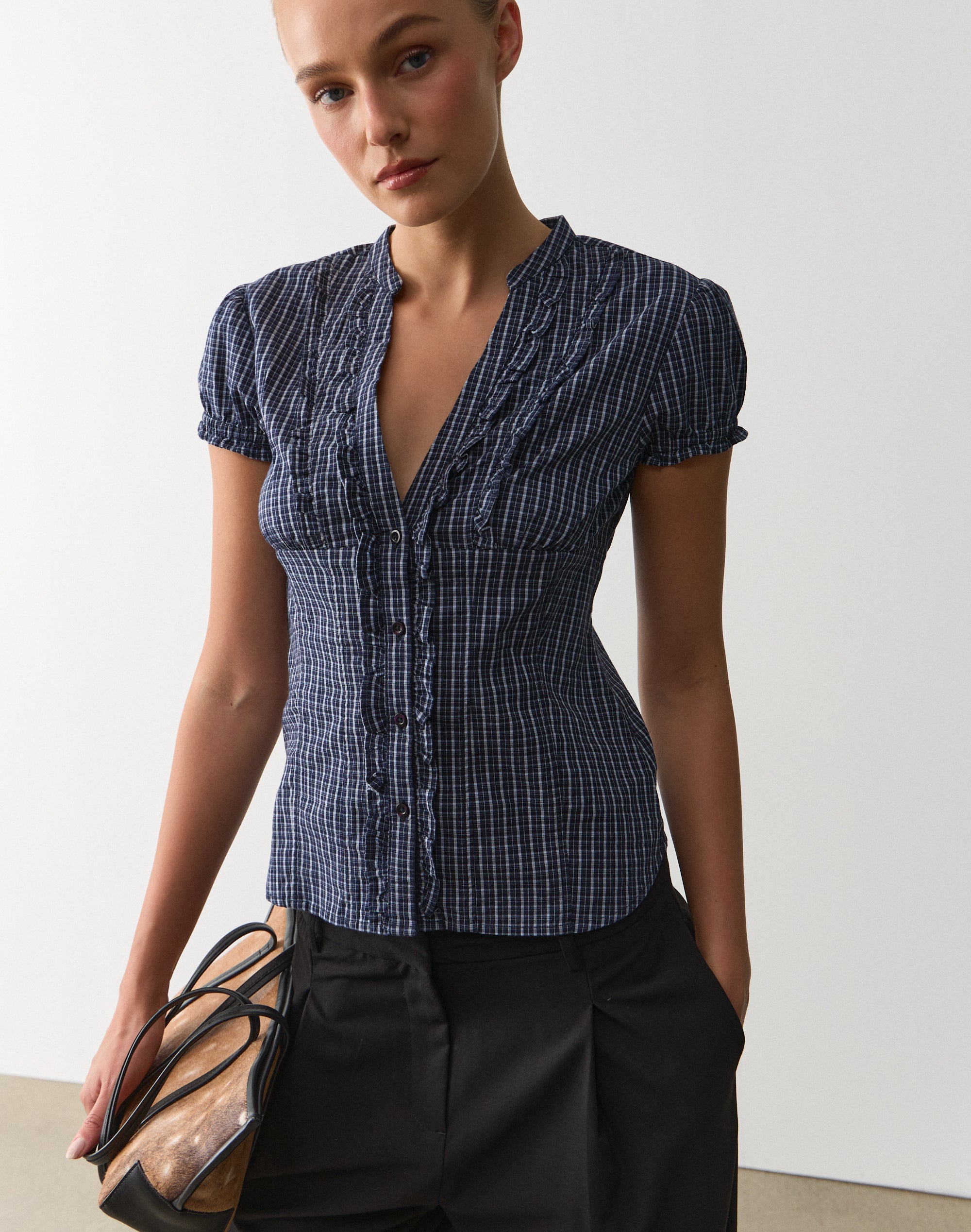 Check Frill Detail Blouse in Nautical Western Lila Check | Glassons US
