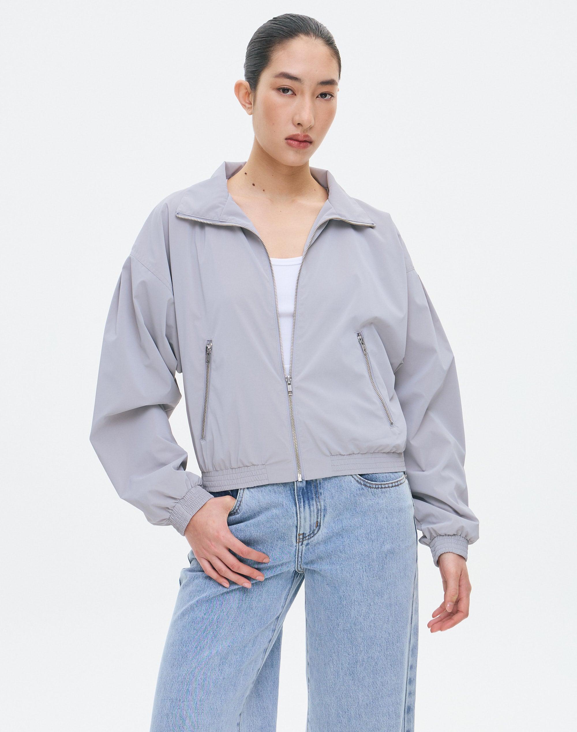 Collared Windbreaker Bomber Jacket in Stormy Slate Glassons