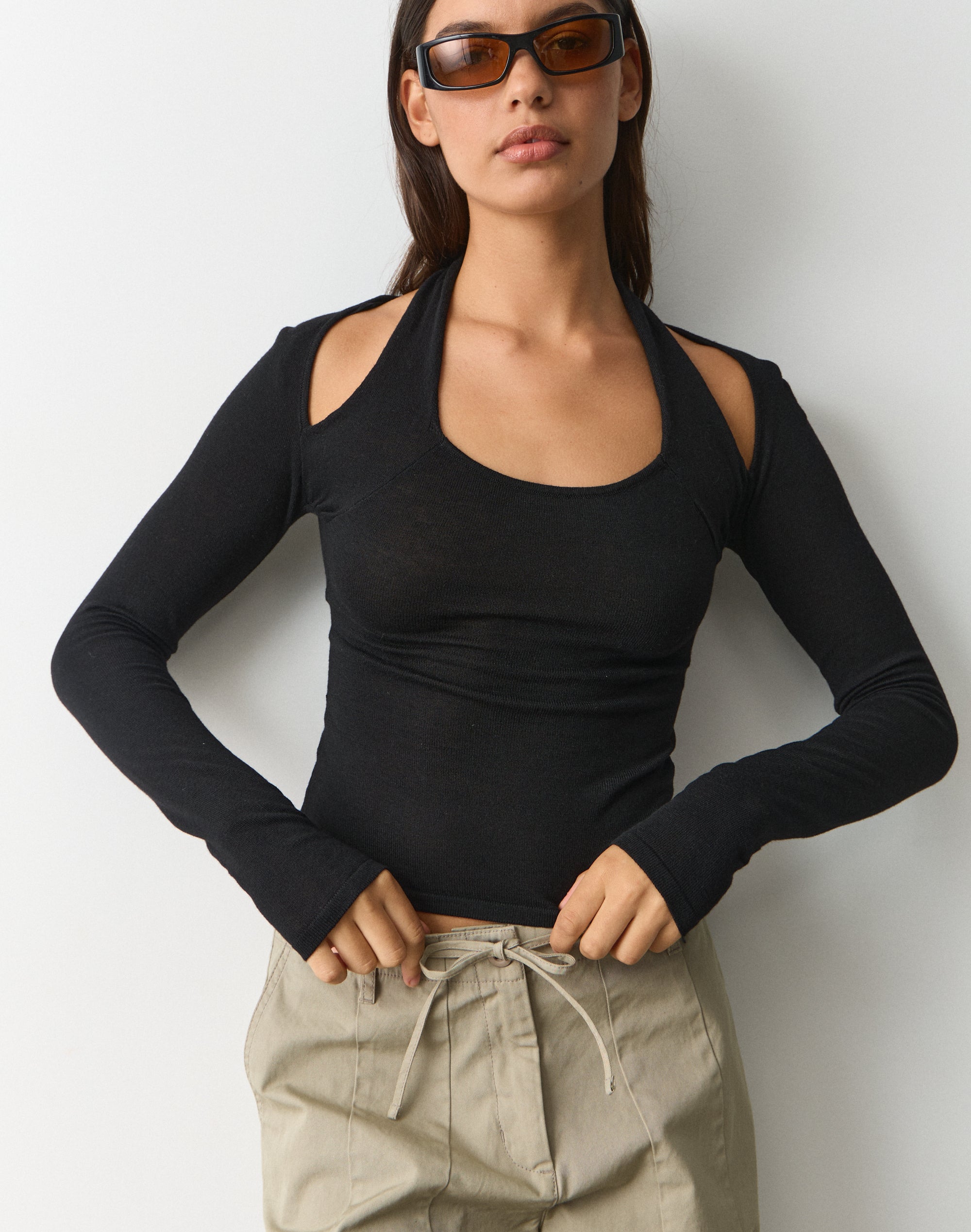 Halter Neck Long Sleeve Knit Top in Black | Glassons US