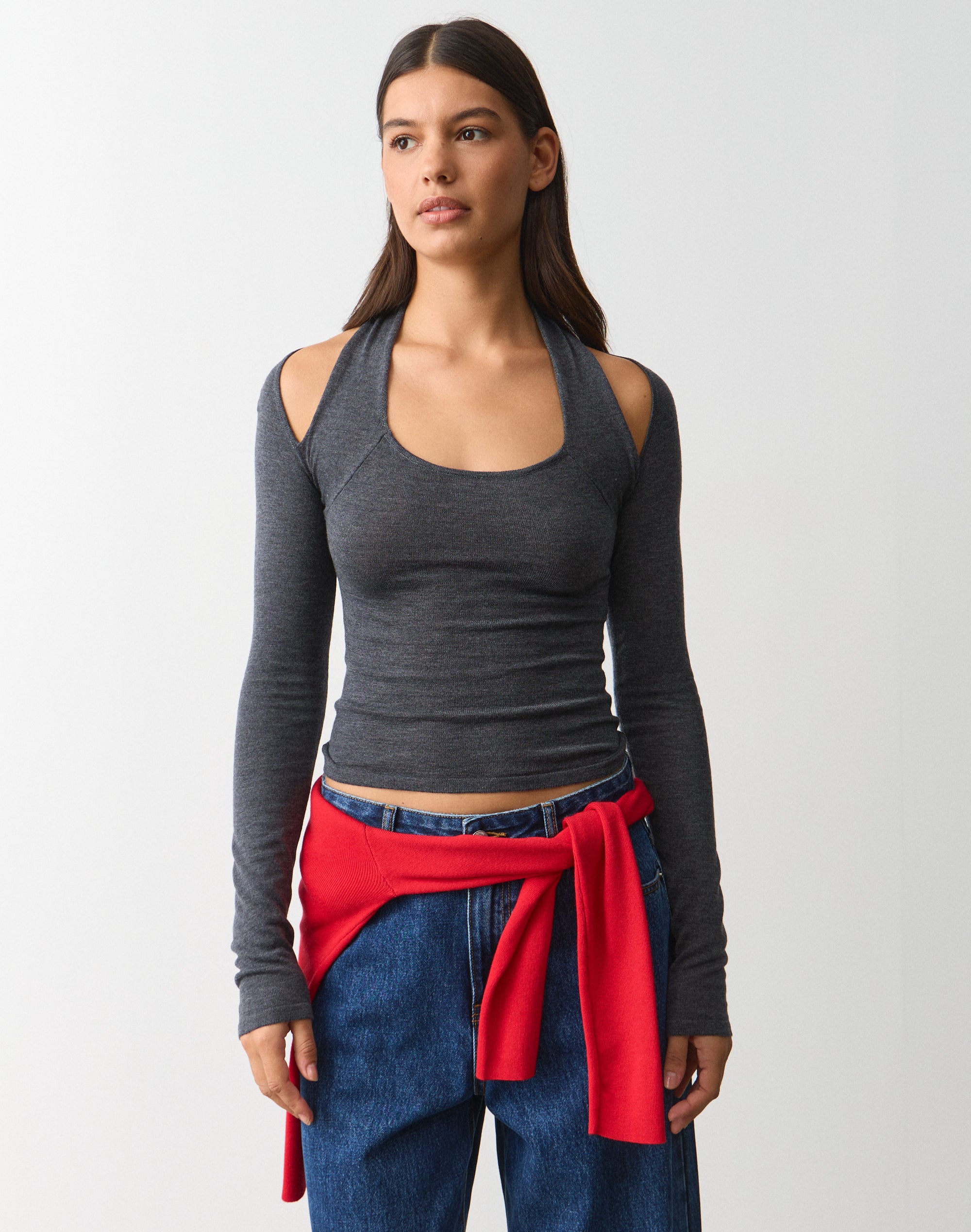 Halter Neck Long Sleeve Knit Top in Charcoal Marle | Glassons AU