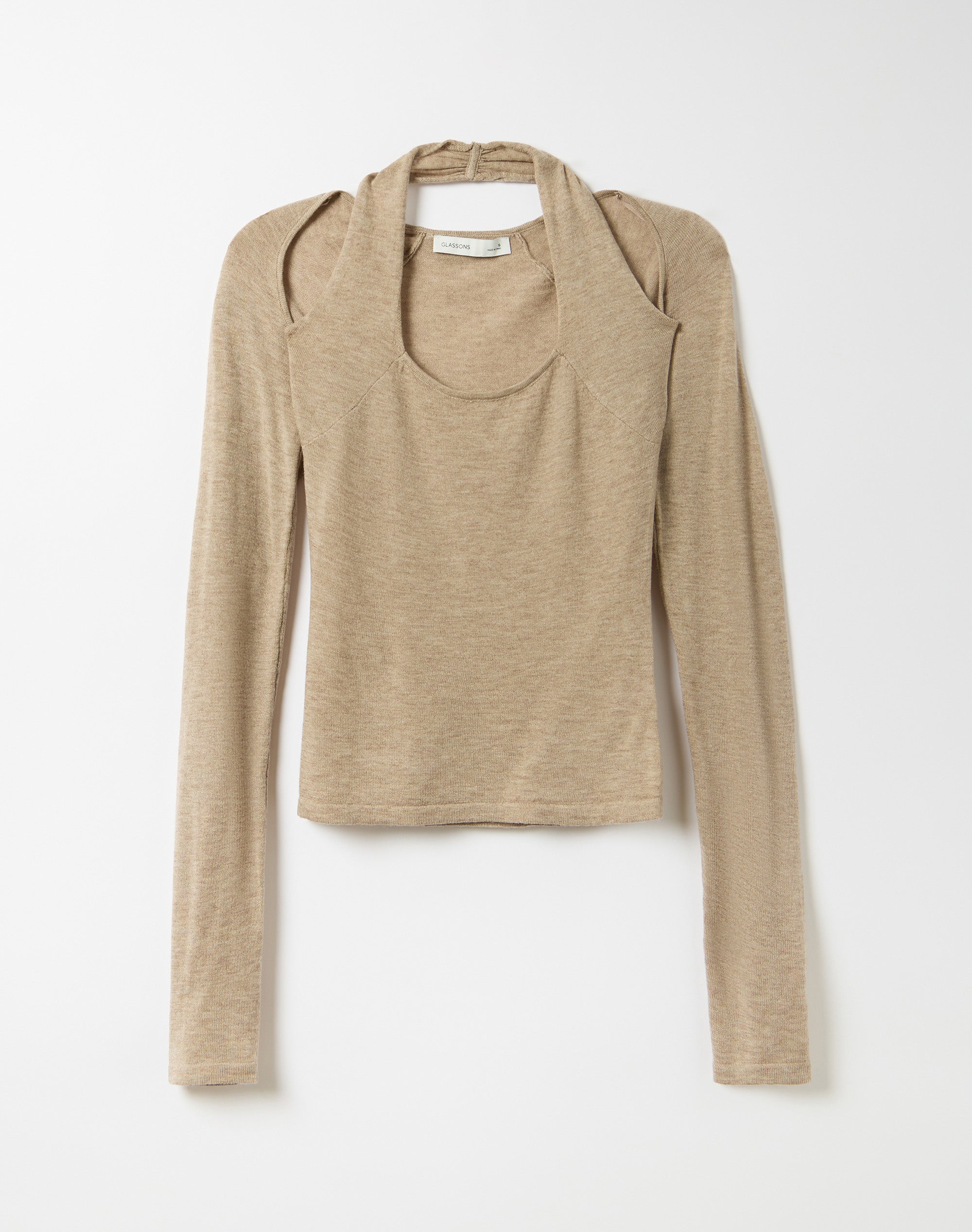 Halter Neck Long Sleeve Knit Top in Neutral Marle | Glassons AU