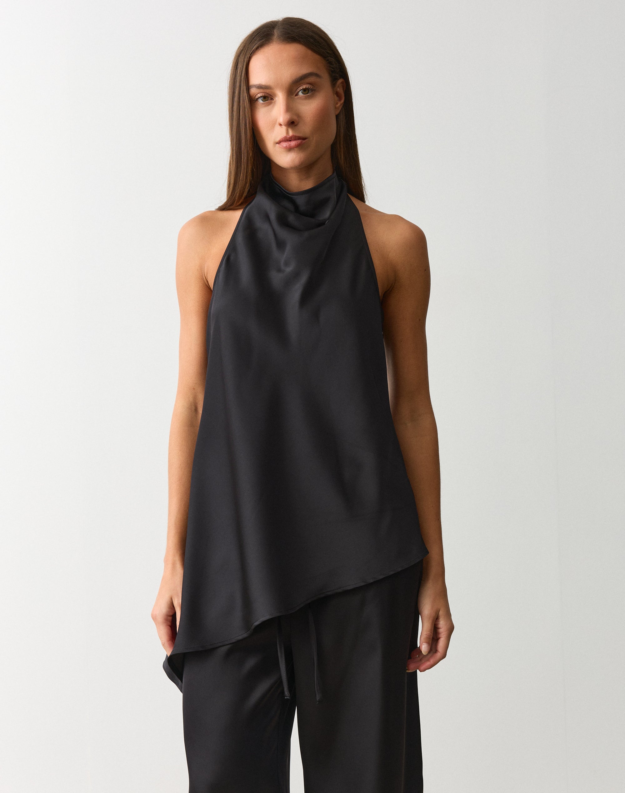 Satin Asymmetrical Halter Top in Black | Glassons US