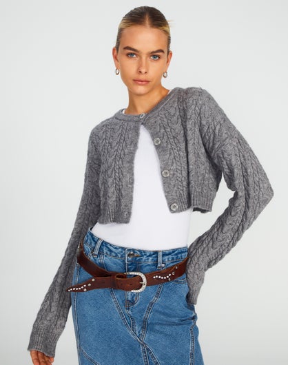 Cable Knit Long Sleeve Crop Cardi In Grey Glassons