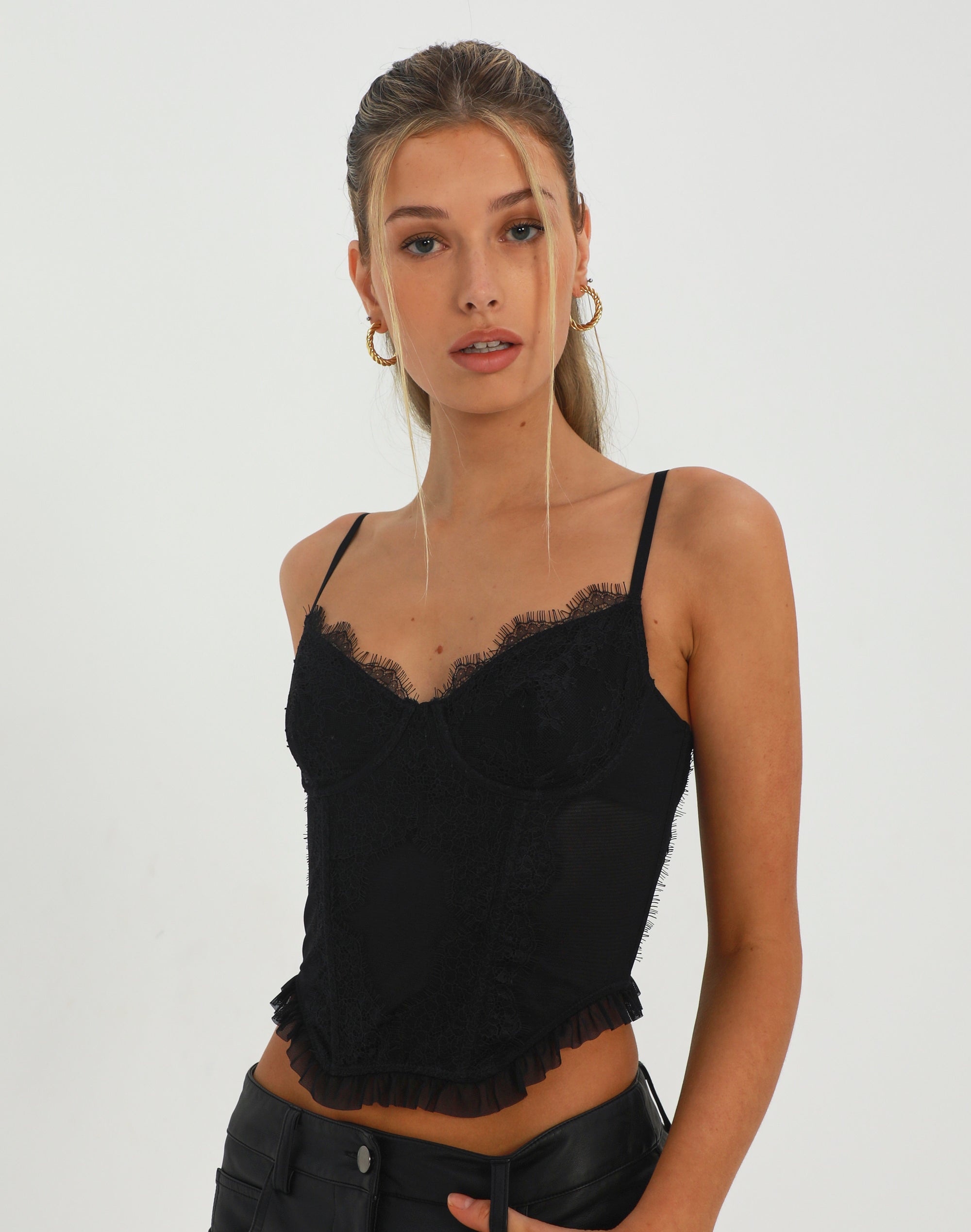 Lace Bustier Frill Corset Top in Black