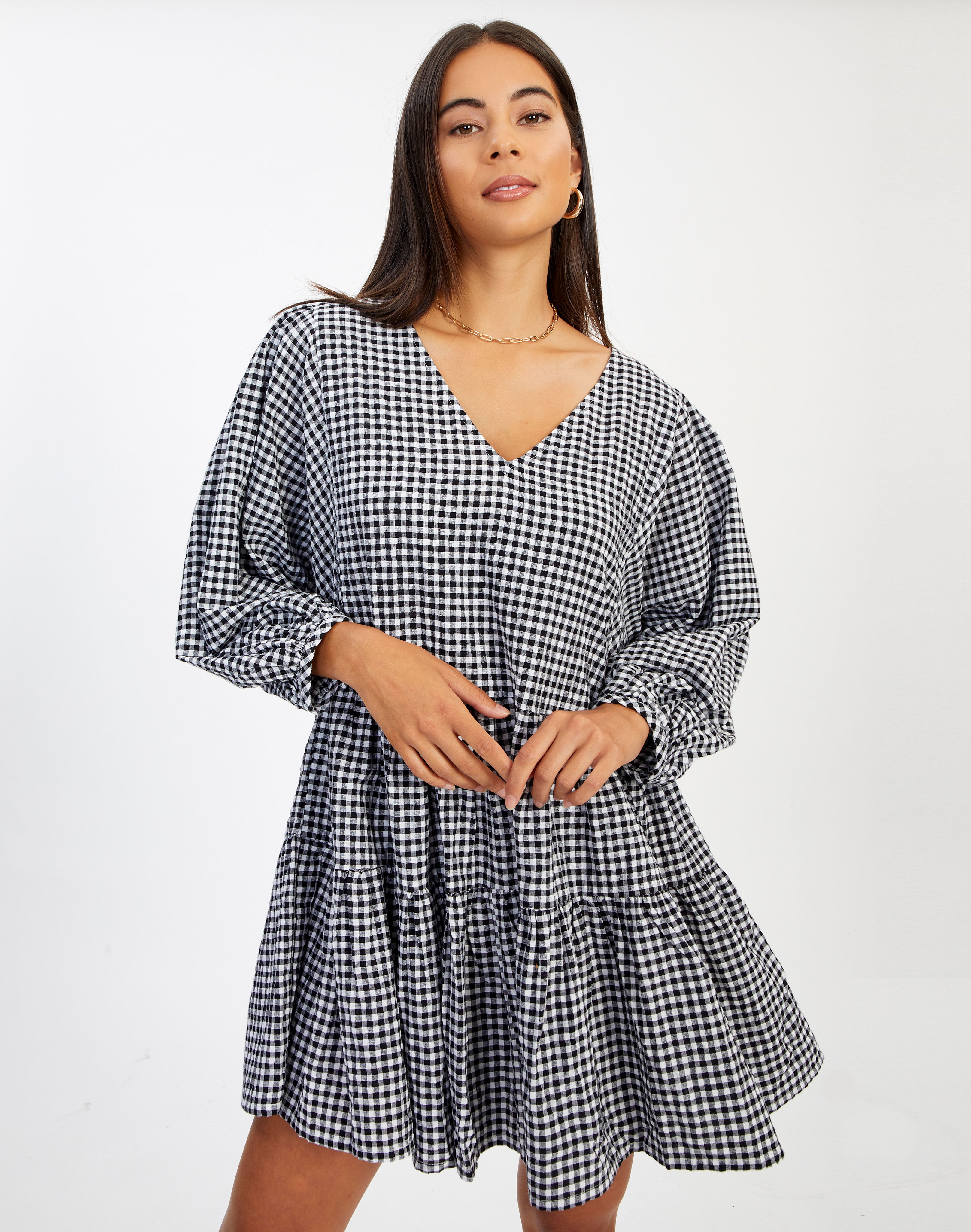 Gingham V Neck Long Sleeve Babydoll 