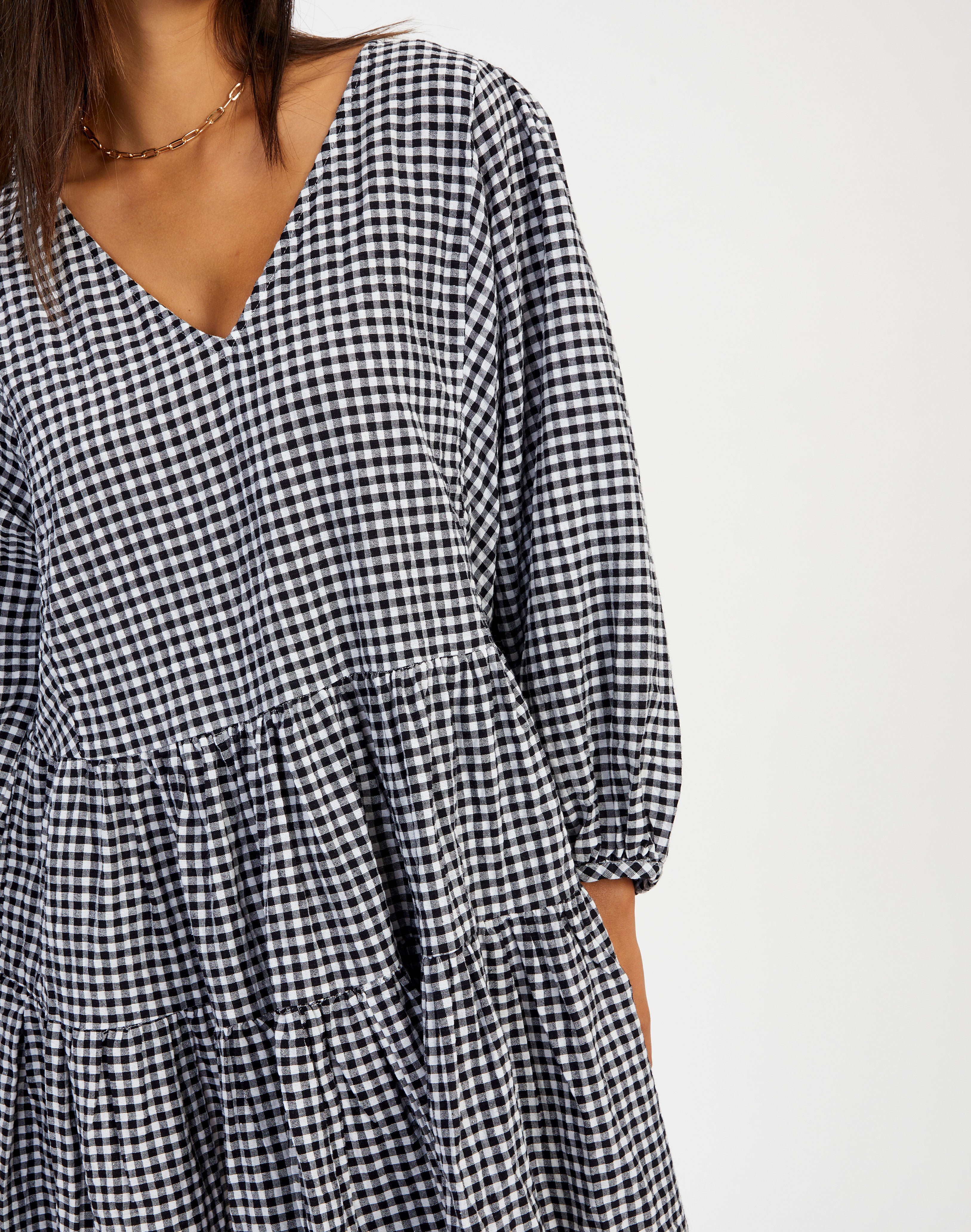 Gingham V Neck Long Sleeve Babydoll 