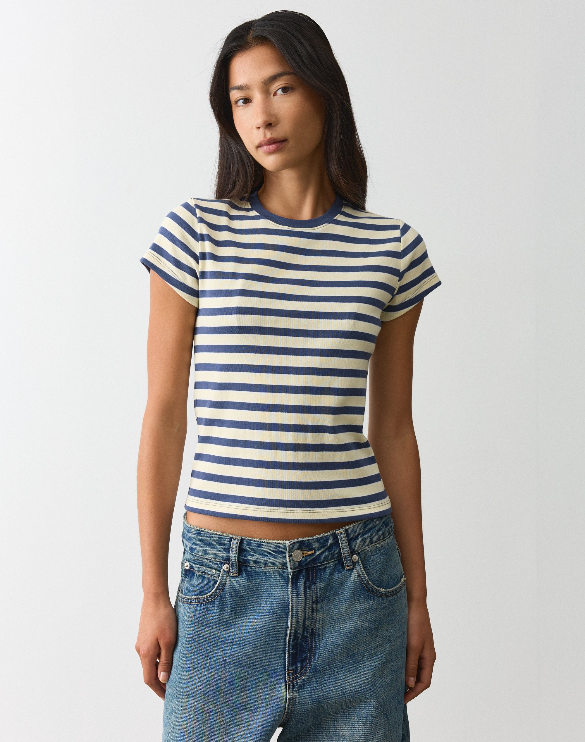 Cotton Basic Tee in Blue Dusty Celine Stripe | Glassons AU