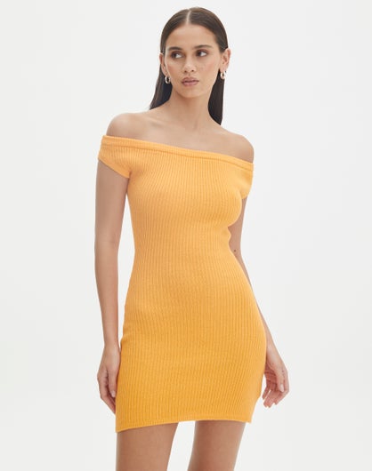 Knit Off The Shoulder Mini Dress in Tango Mango | Glassons