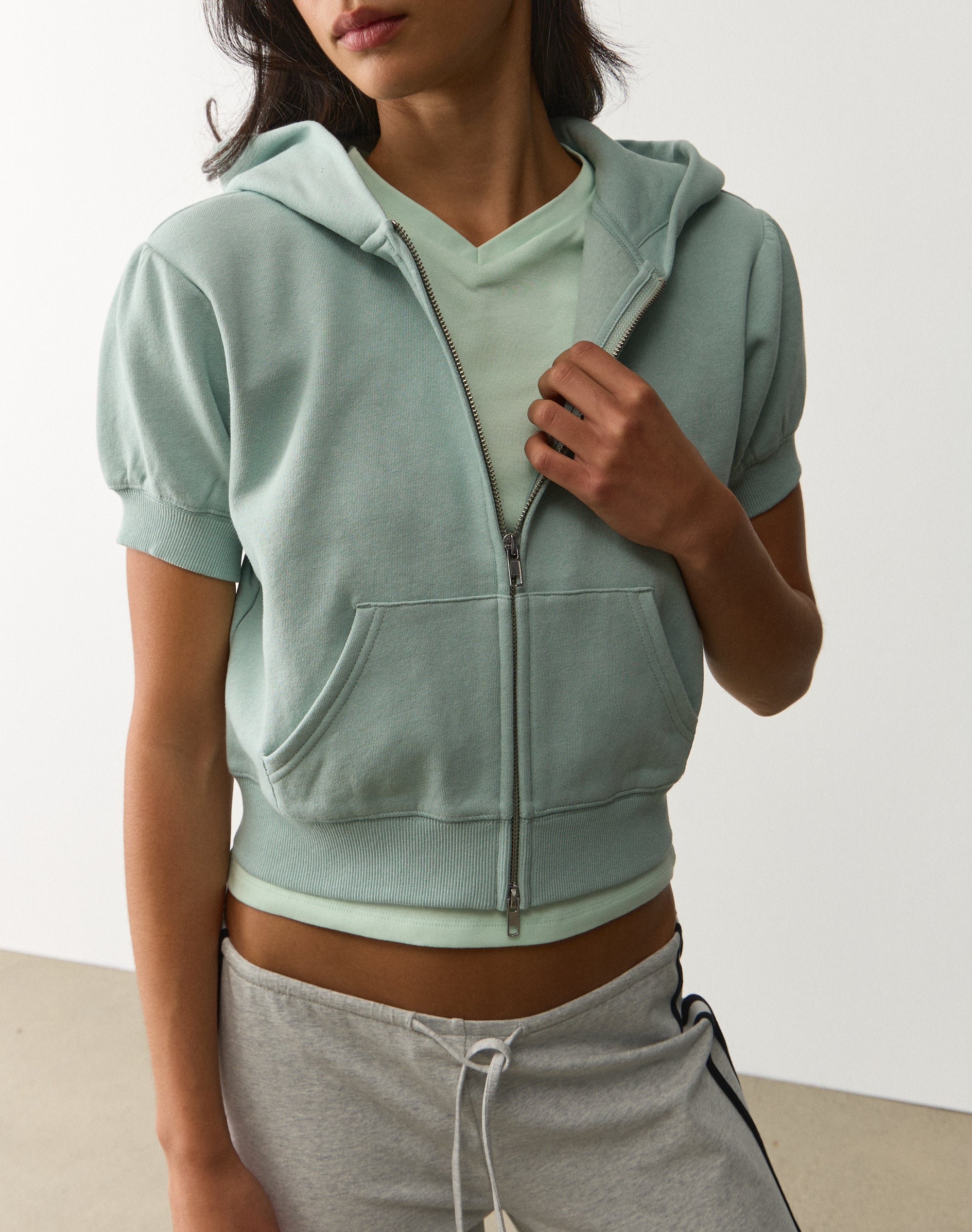 Short Sleeve Zip Up Hoodie in Mint Mirage | Glassons US