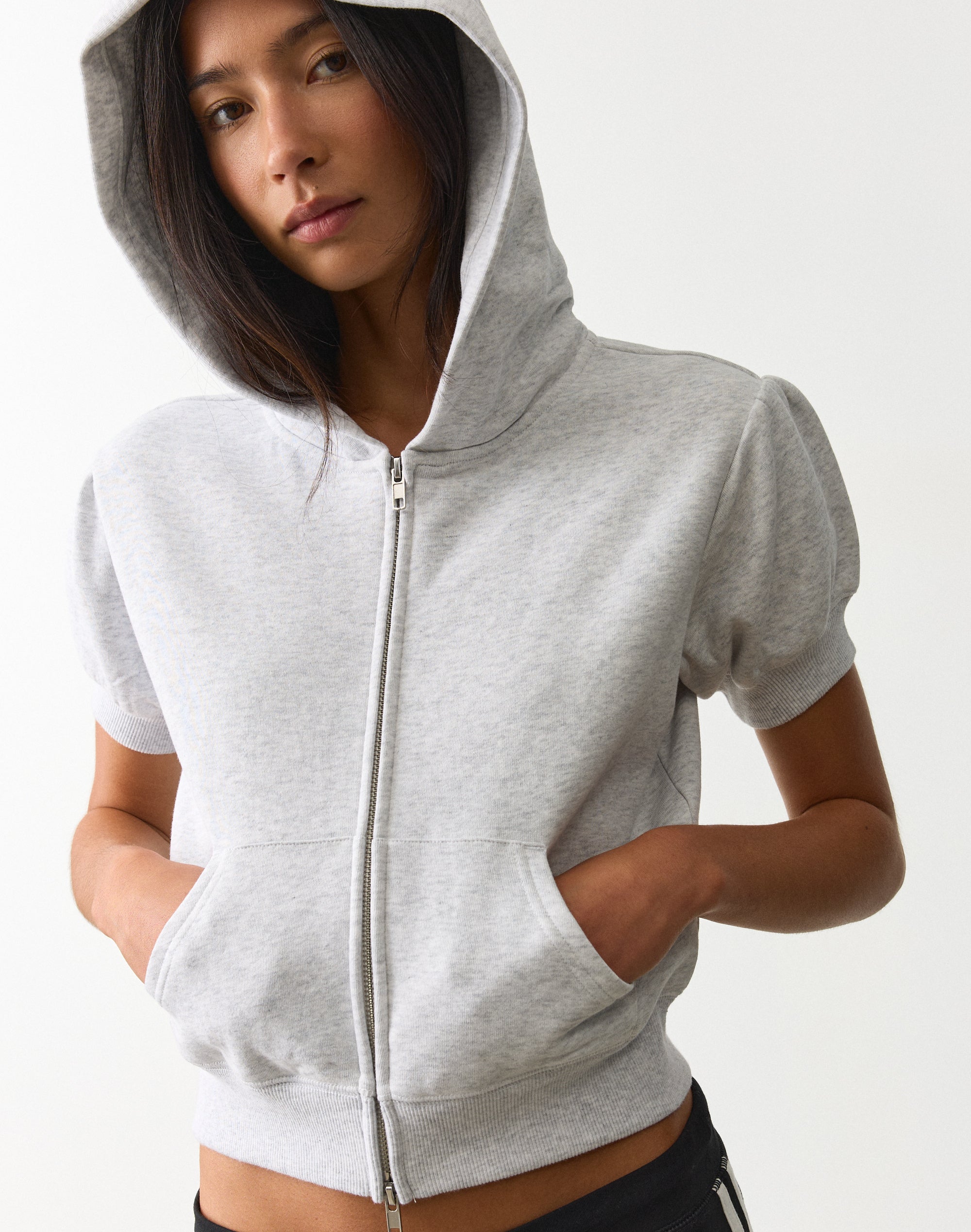 Short Sleeve Zip Up Hoodie in Snow Marle | Glassons US