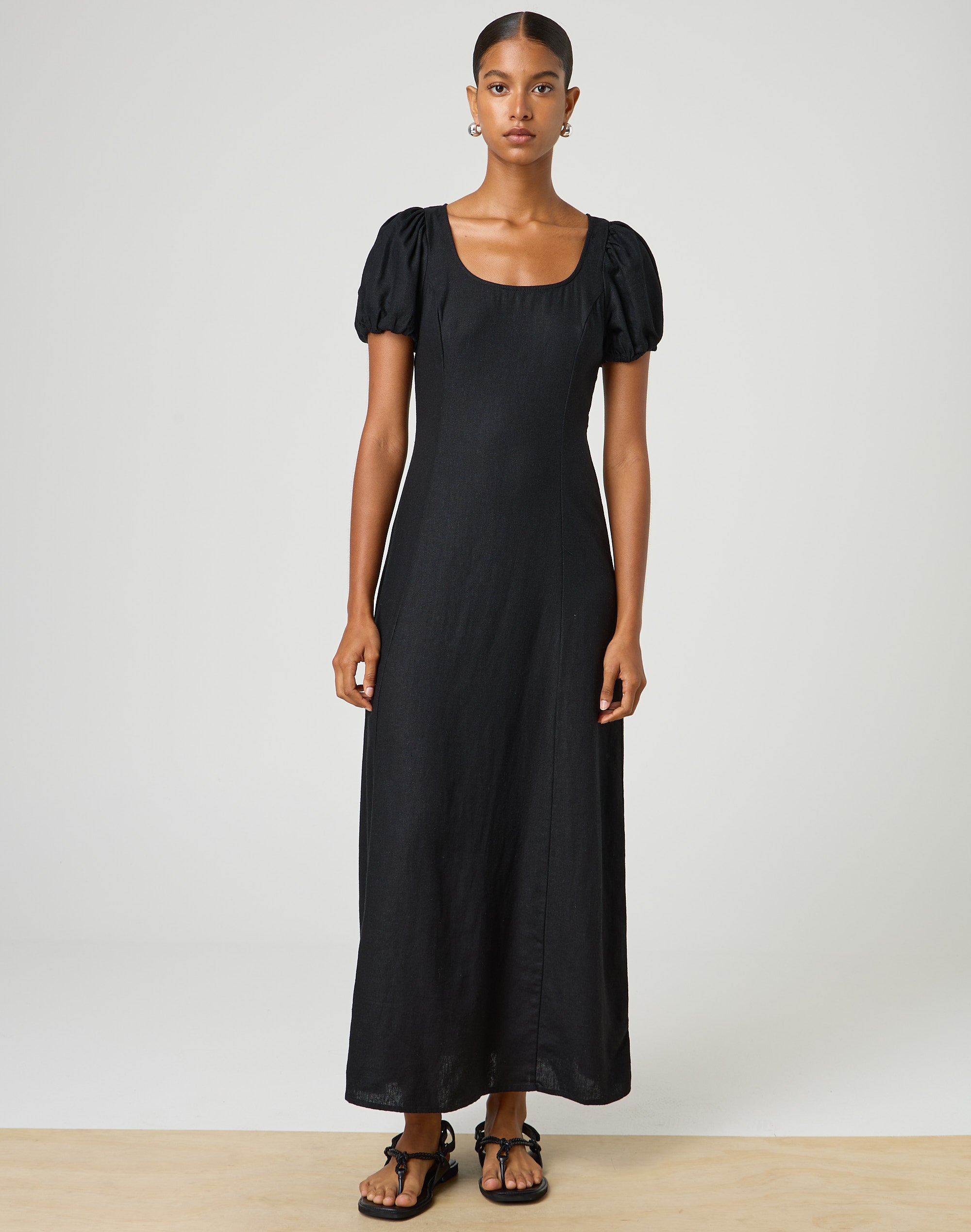 Linen Blend Puff Sleeve Maxi Dress in Black | Glassons