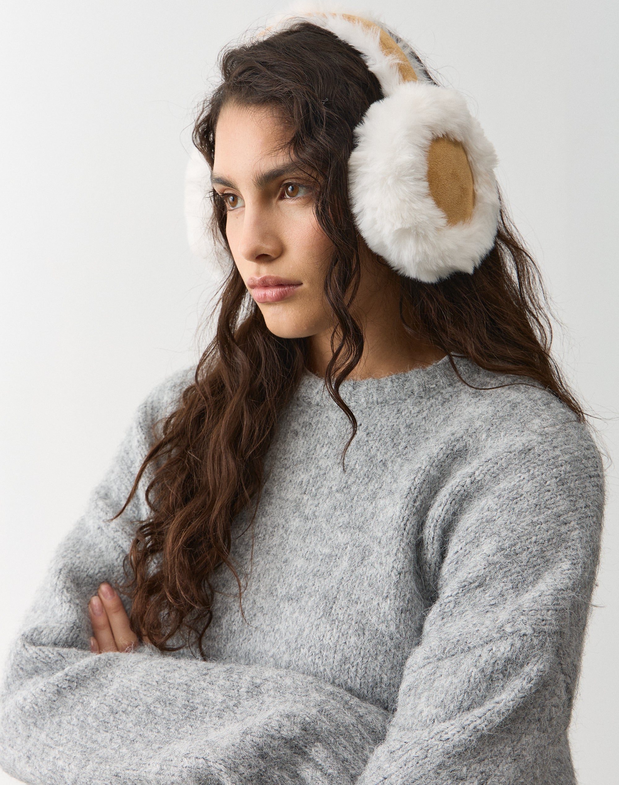 Faux Fur Ear Muffs in White X Tan | Glassons display picture 1