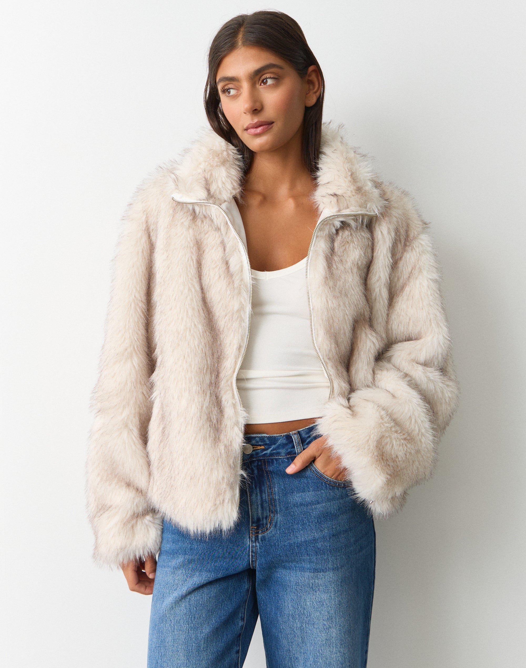 Faux Fur Zip Up Jacket in Milk X Choc Tip | Glassons