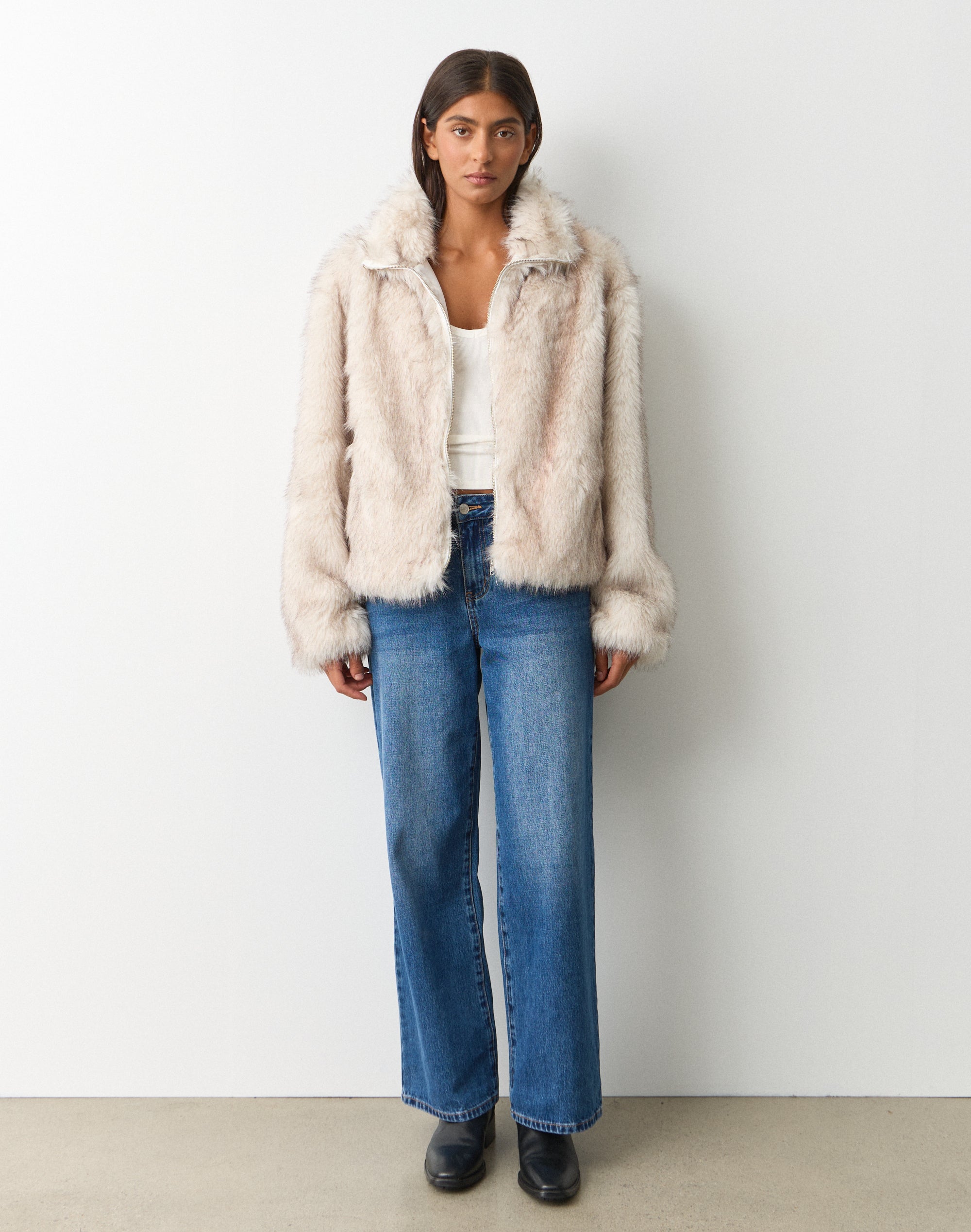 Faux Fur Zip Up Jacket in Milk X Choc Tip | Glassons AU