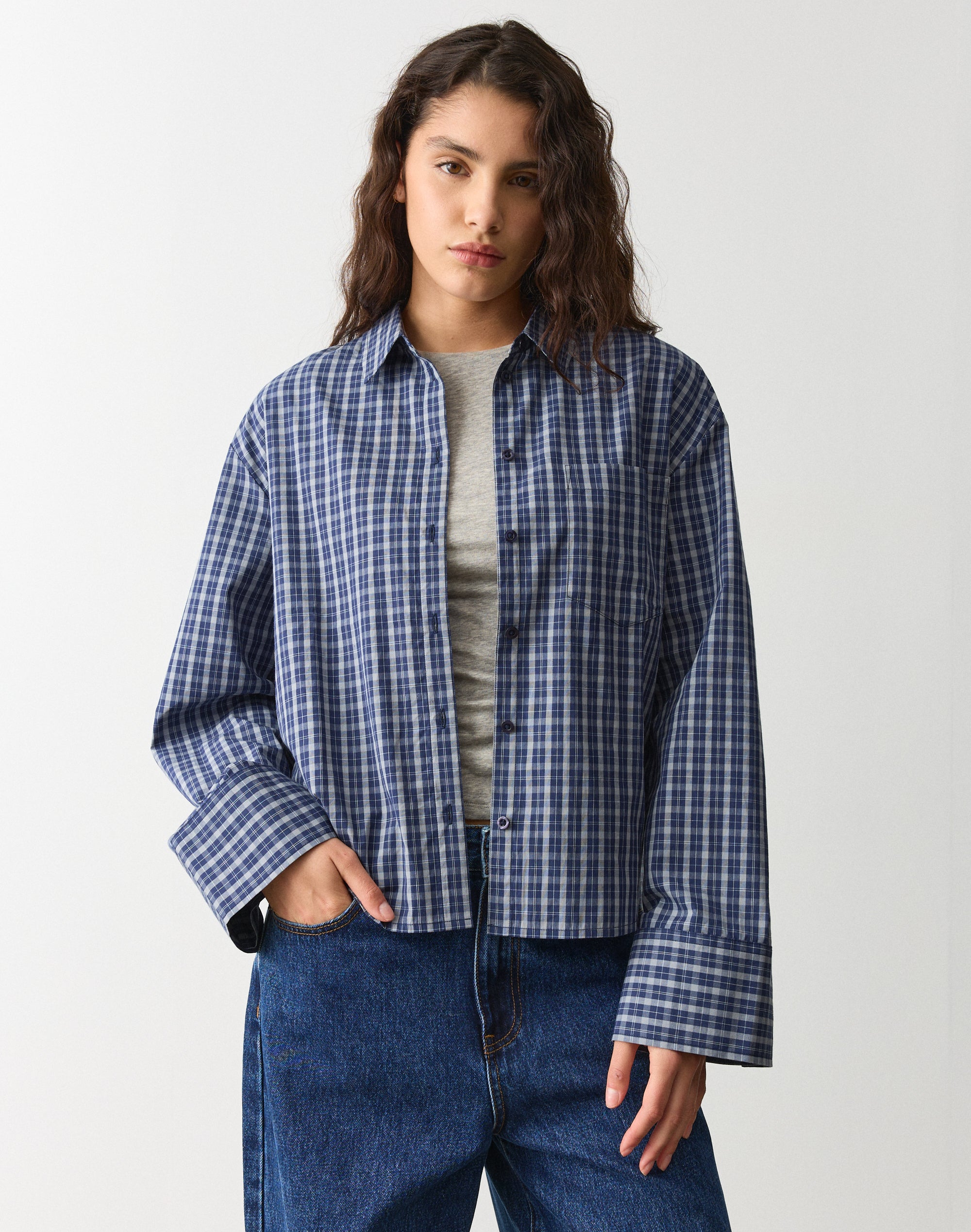 Oversized Boxy Button Up Shirt in Navy Cool Babushka Check