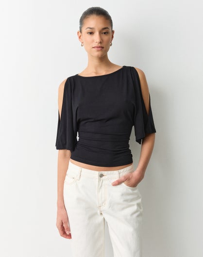 Cinched Bat Sleeve Cold Shoulder Top