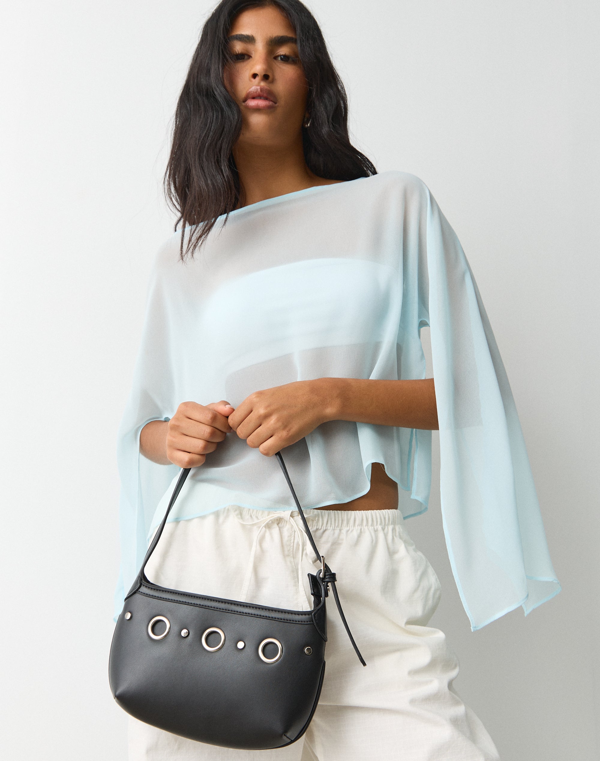 Eyelet Detail Shoulder Bag in Black X Silver | Glassons