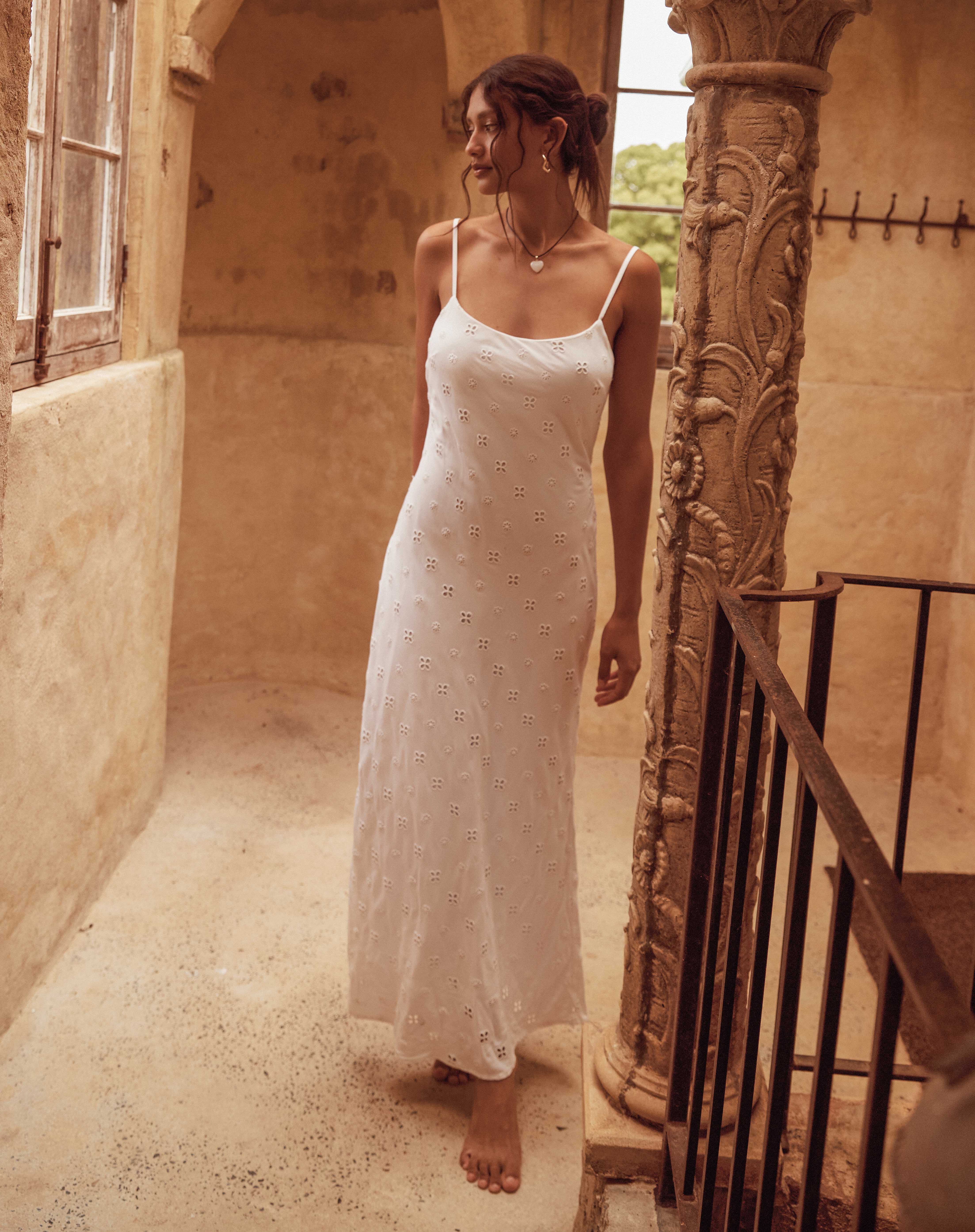 Broderie Slip Maxi Dress in White | Glassons