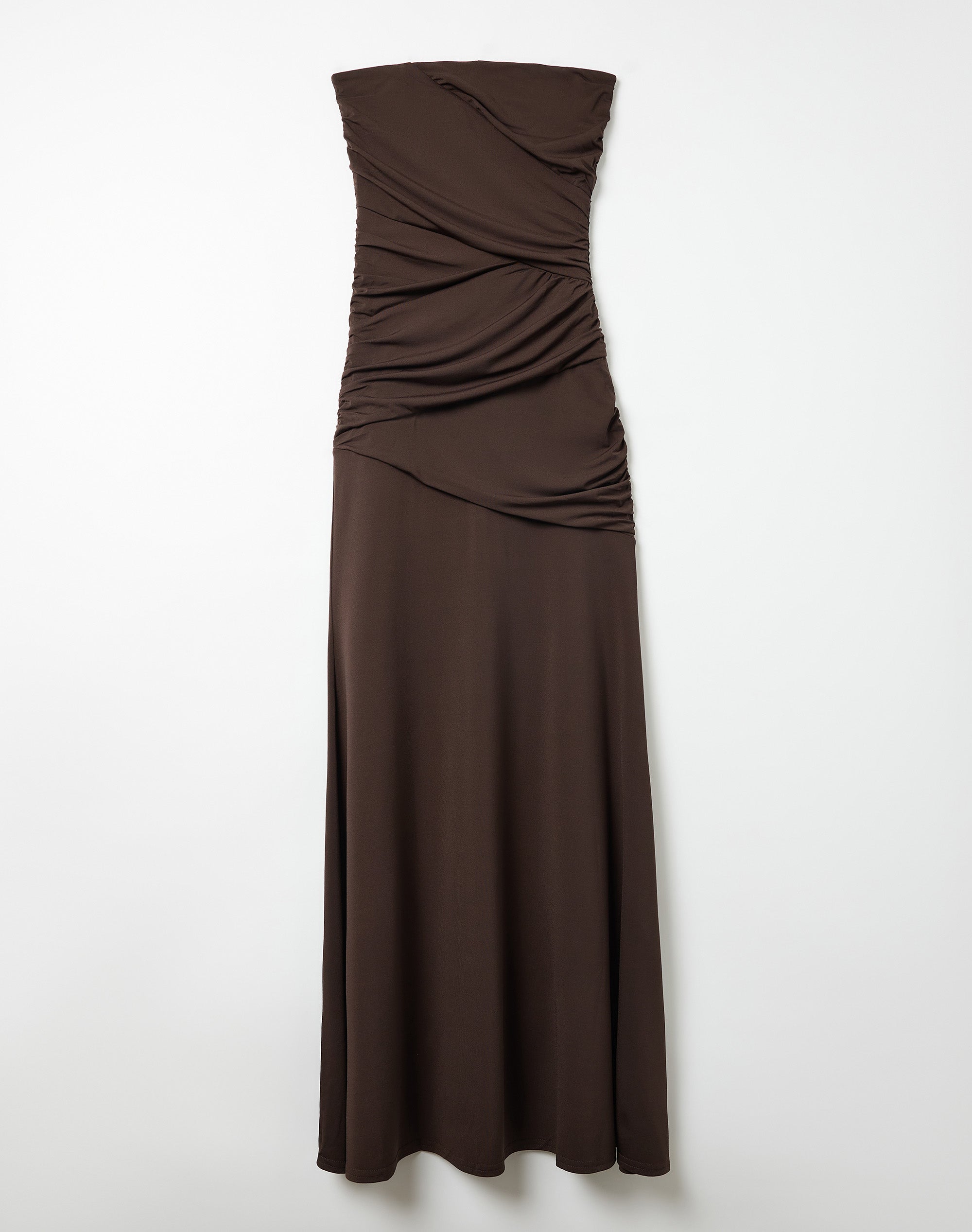 strapless ruched modal cashmere blend maxi dress in chestnut brown Midnight Mirage Mesh Strapless Maxi Dress