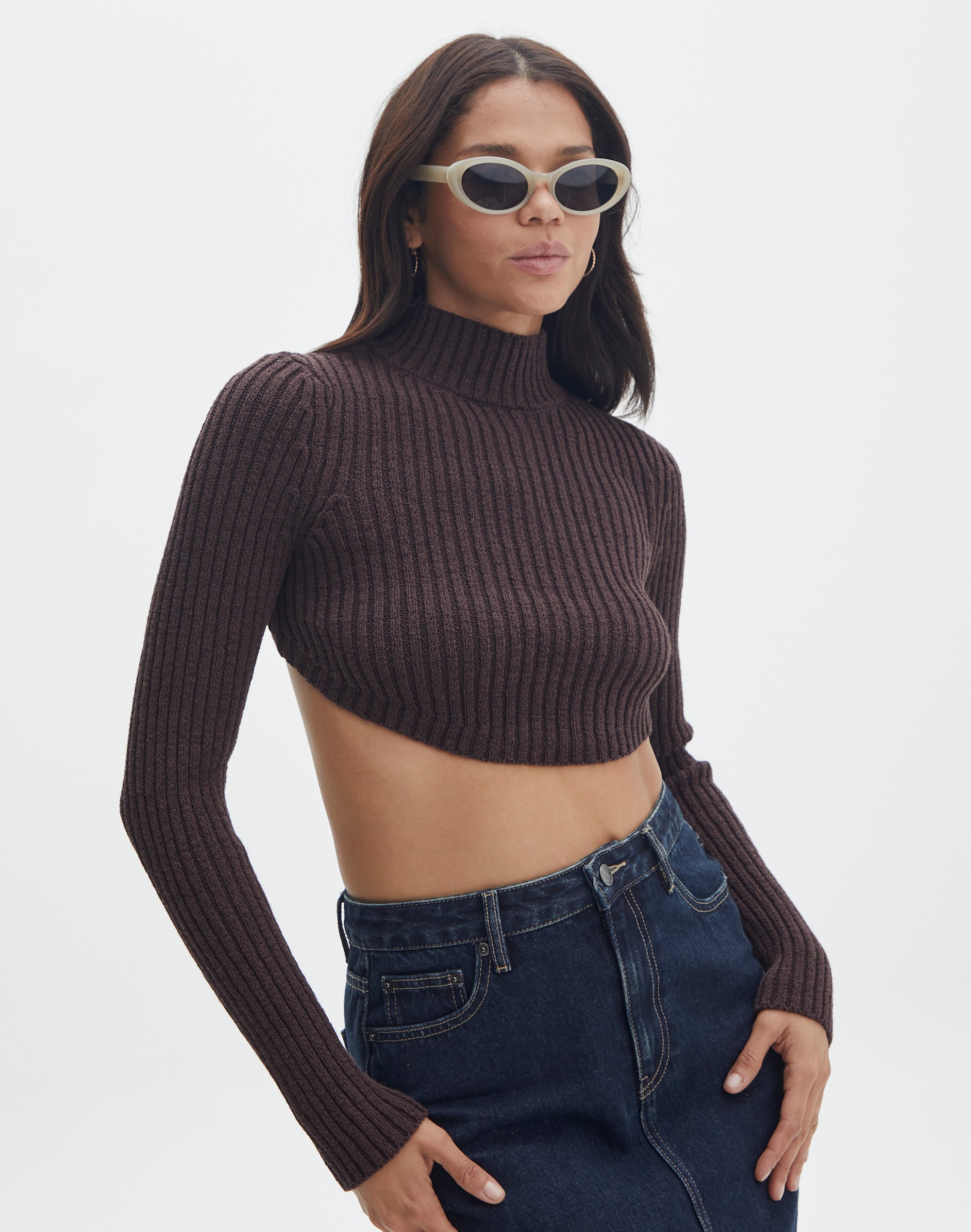 Cropped High Neck Backless Long Sleeve Knit Top in Brown | Glassons