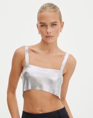 Sparkle Mesh Long-sleeve Top in Silver Sparkle
