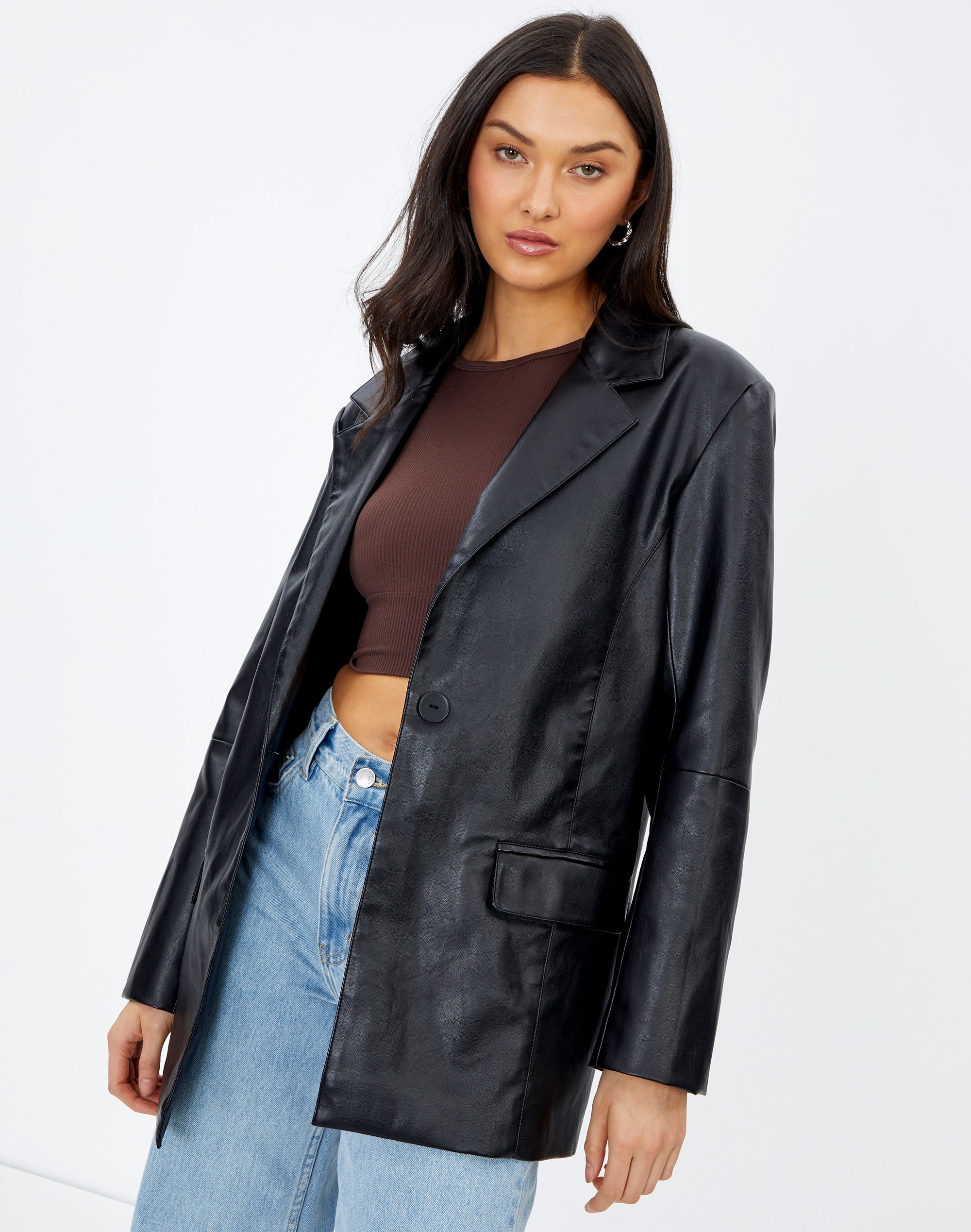 Faux Leather Longline Blazer In Black Glassons
