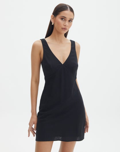 Linen Blend Bias Mini Dress in Black | Glassons