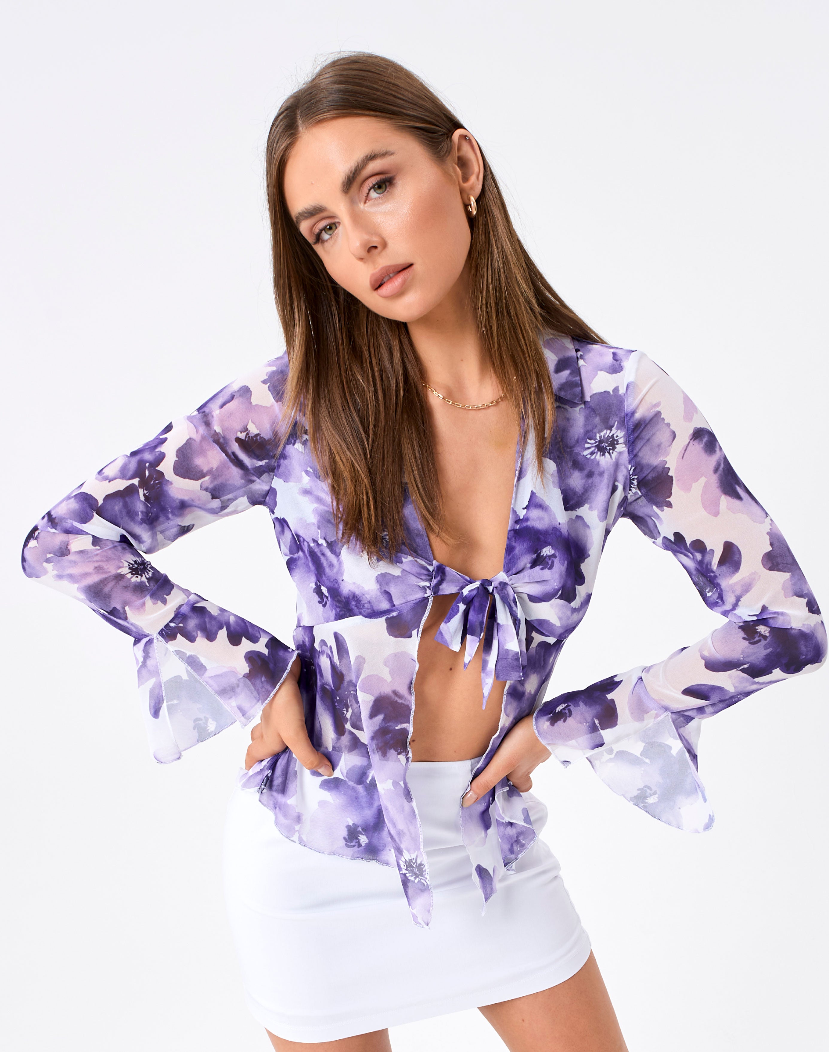 Print Split Front Tie Long Sleeve 