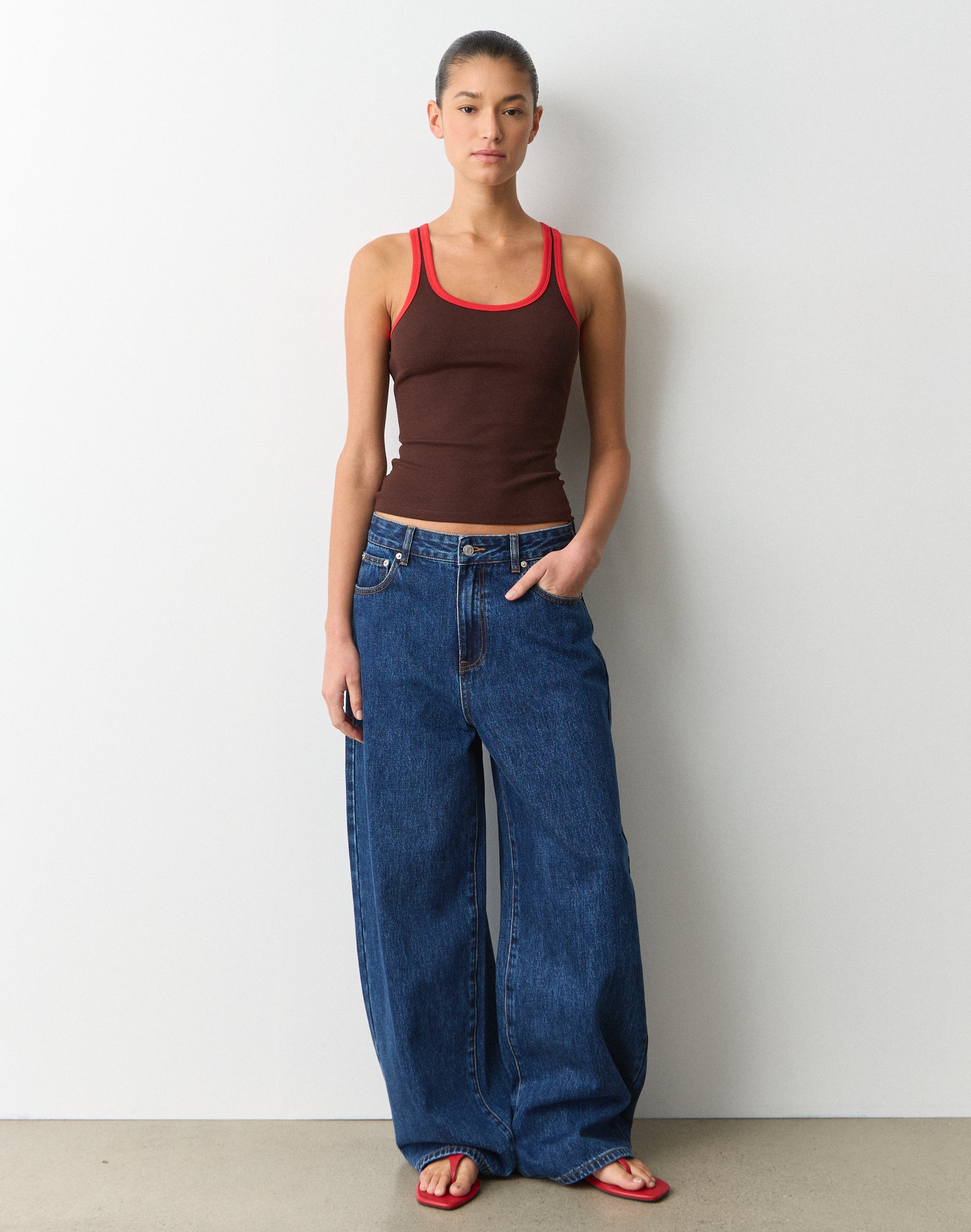 Organic Cotton Scoop Neck Rib Tank in Fudge X Racer Red | Glassons US