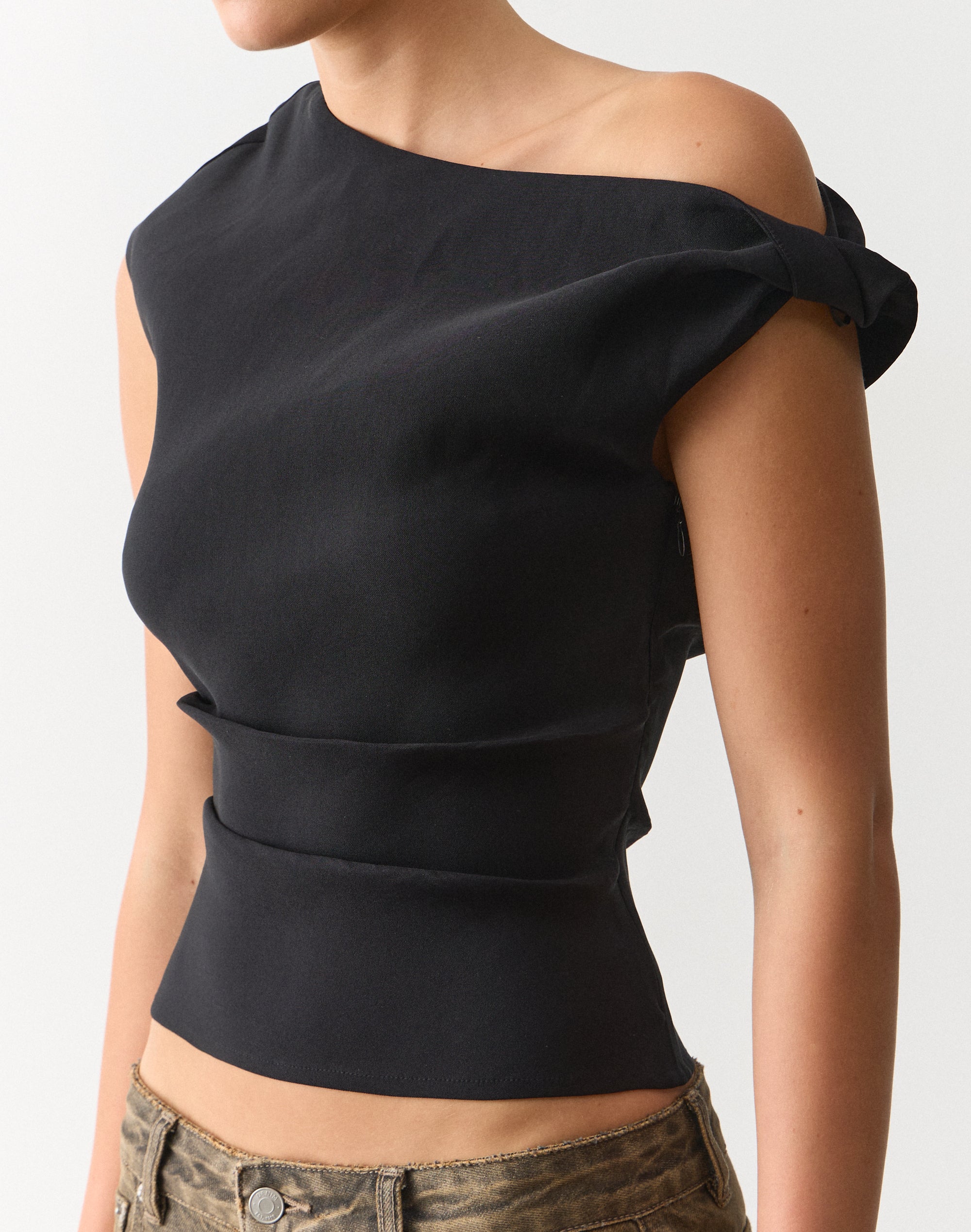 Twist Off Shoulder Blouse in Black | Glassons