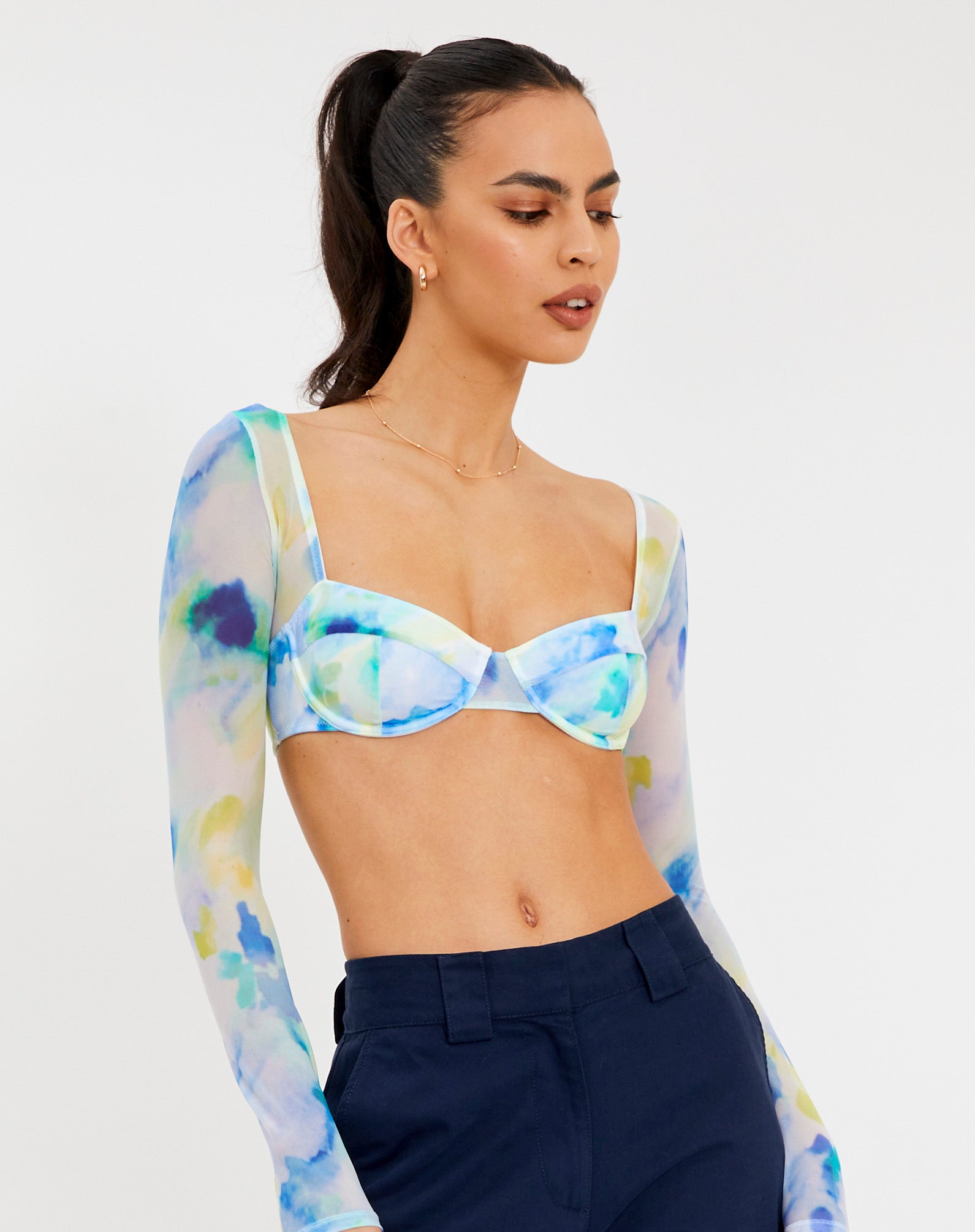 Cupped Printed Mesh Super Crop Long Sleeve Top in Print | Glassons