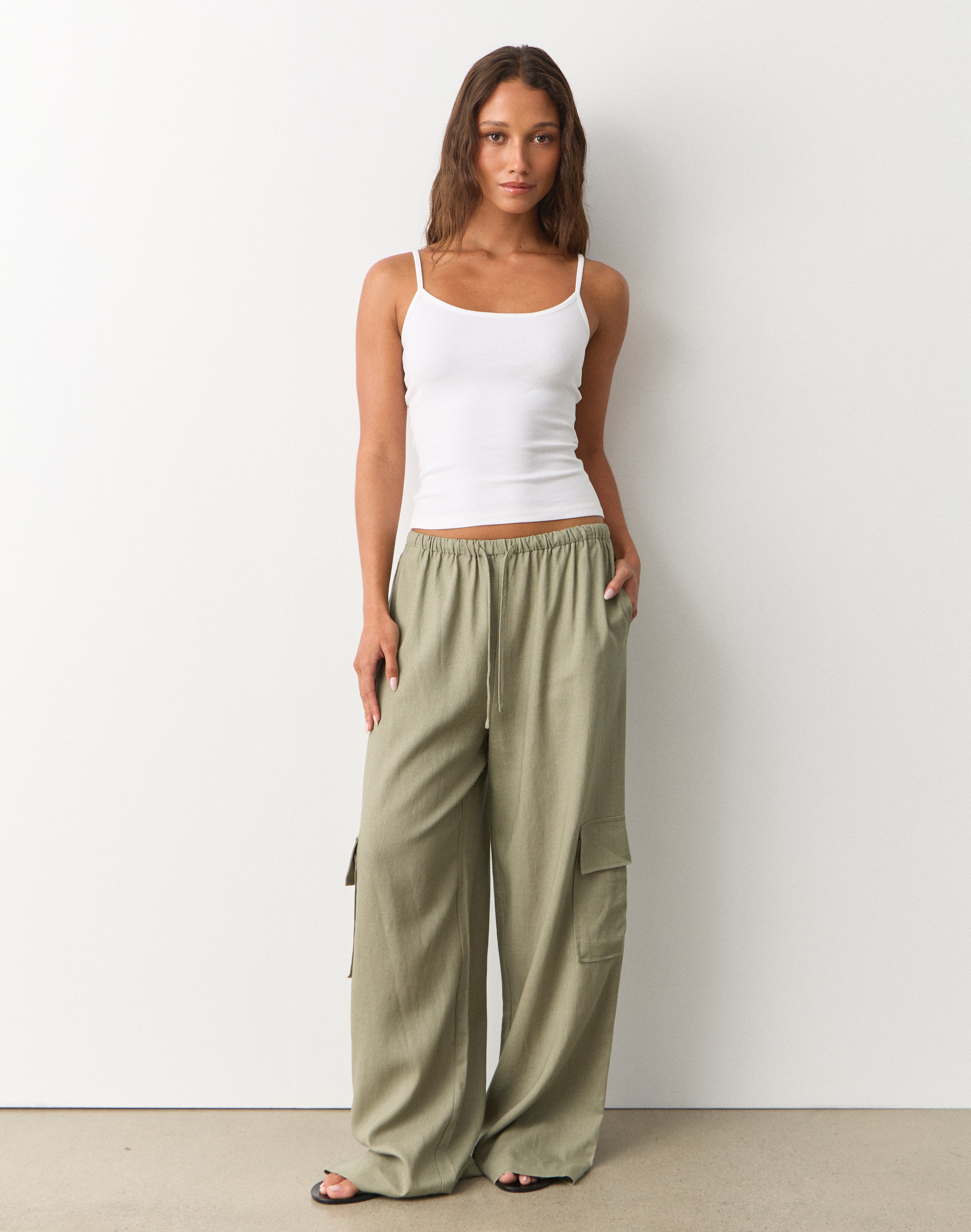 Linen Blend Cargo Pant in Cargo Khaki | Glassons AU