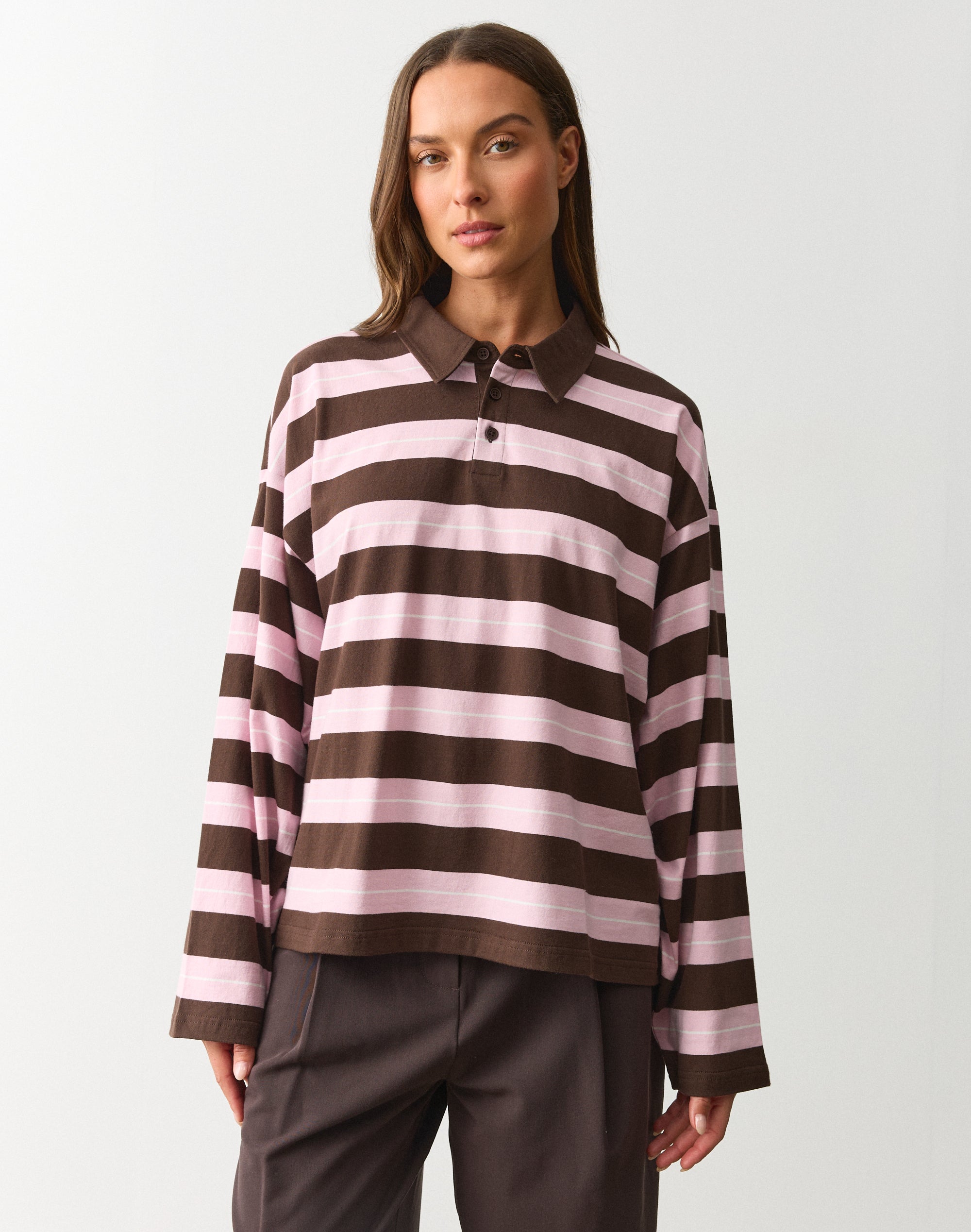 Stripe Oversized Long Sleeve Polo in Fudge Fantasy X Blush Harp
