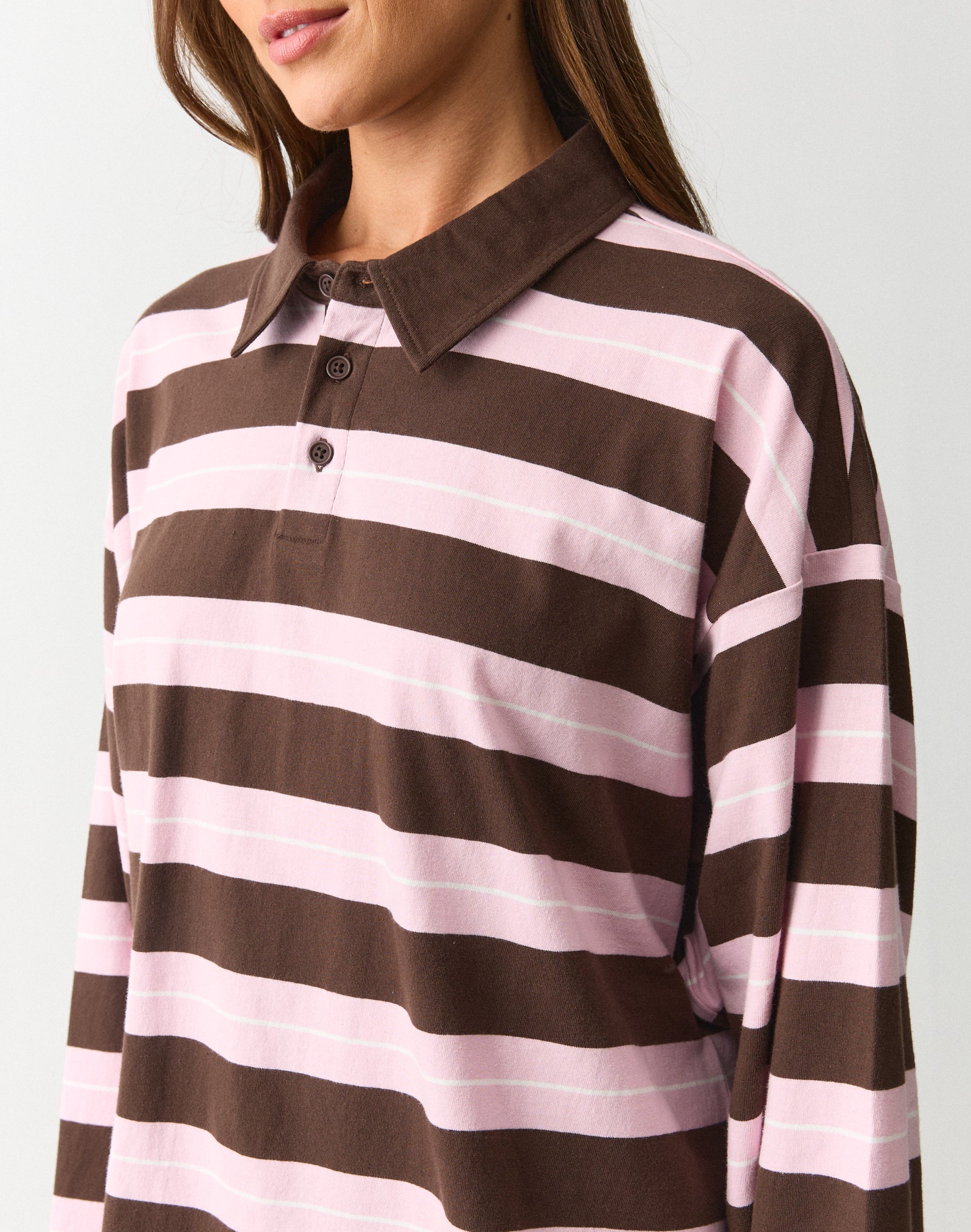 Stripe Oversized Long Sleeve Polo in Fudge Fantasy X Blush Harp