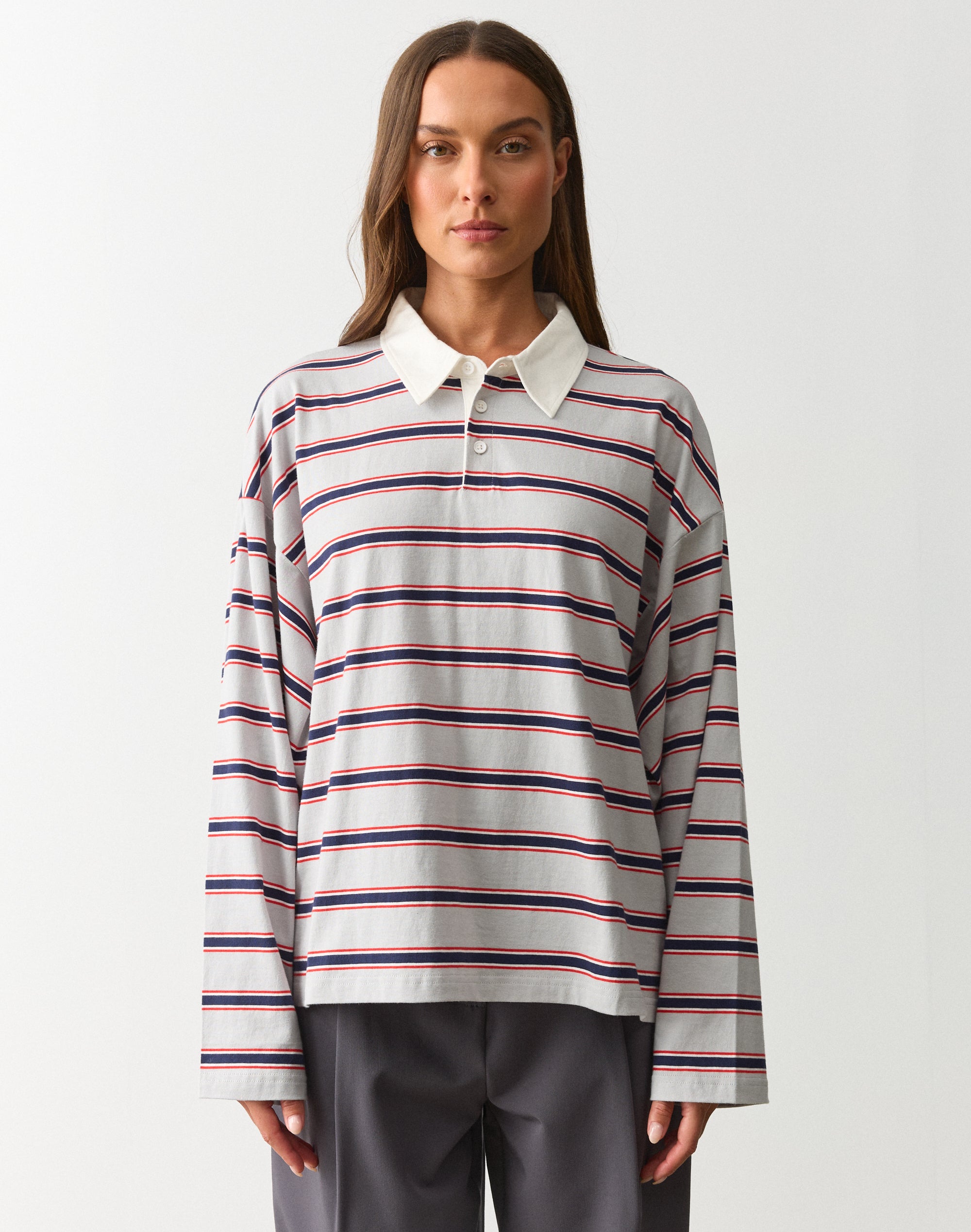 Stripe Oversized Long Sleeve Polo in Navy X Reddy Adele Stripe