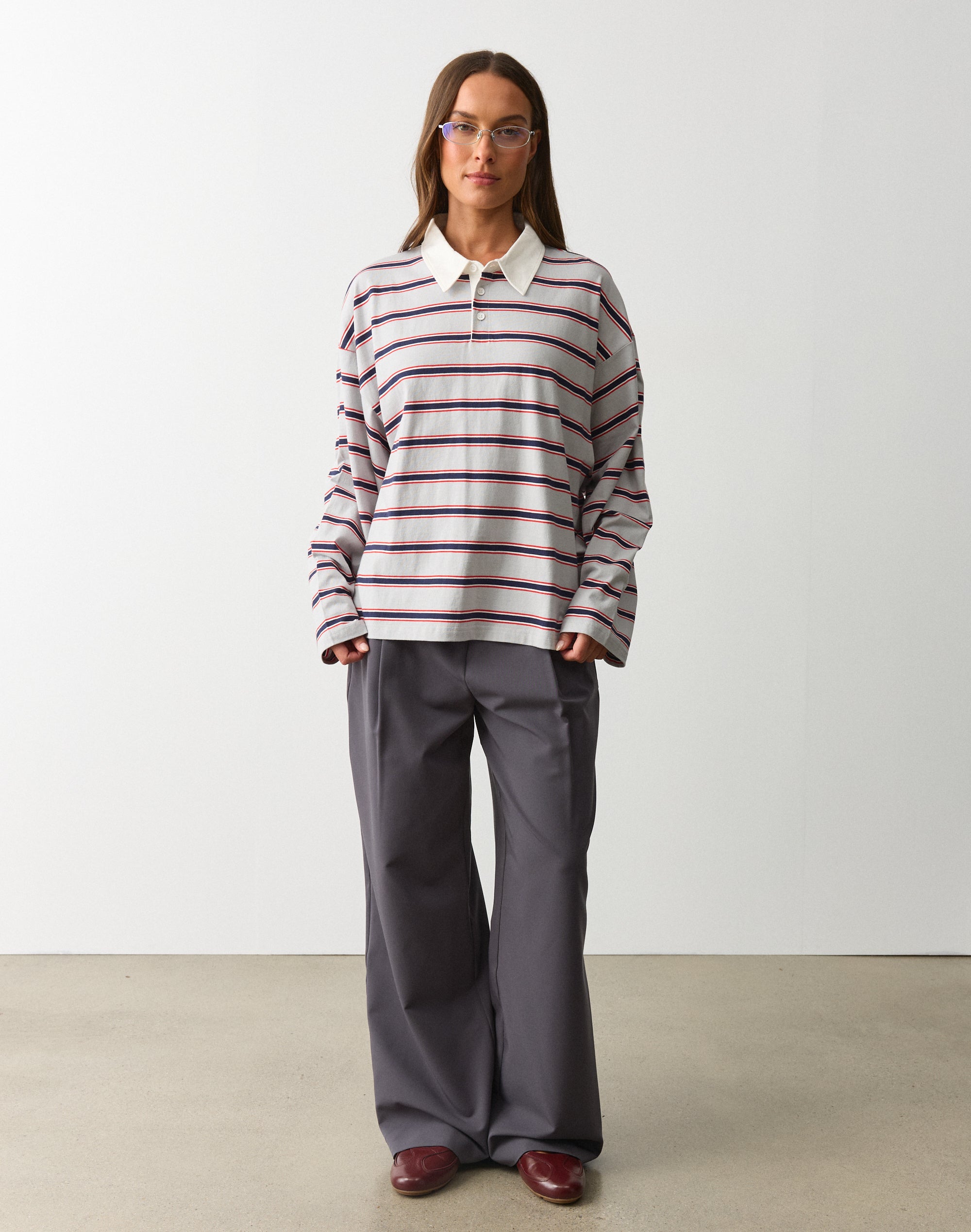 Stripe Oversized Long Sleeve Polo in Navy X Reddy Adele Stripe