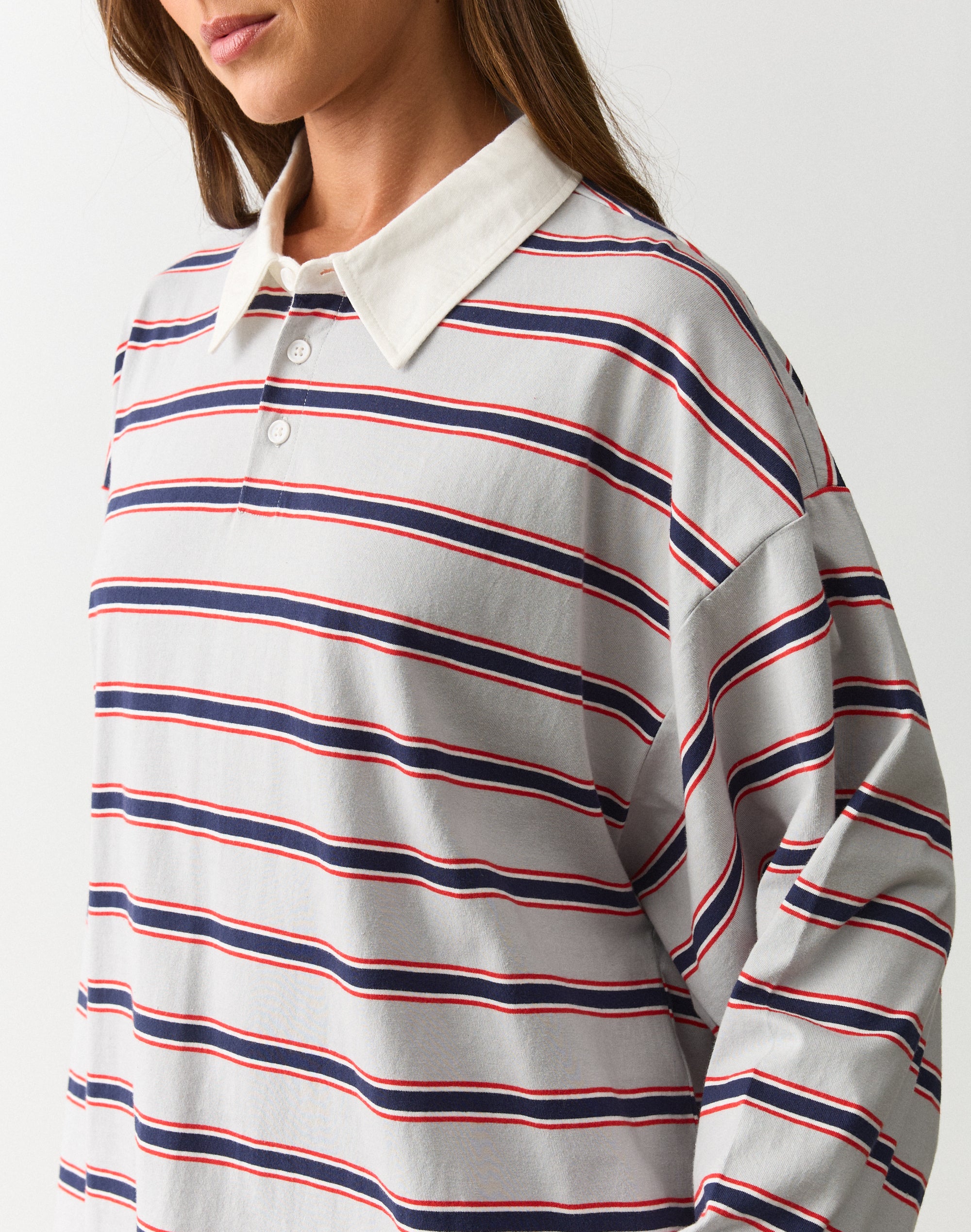 Stripe Oversized Long Sleeve Polo in Navy X Reddy Adele Stripe