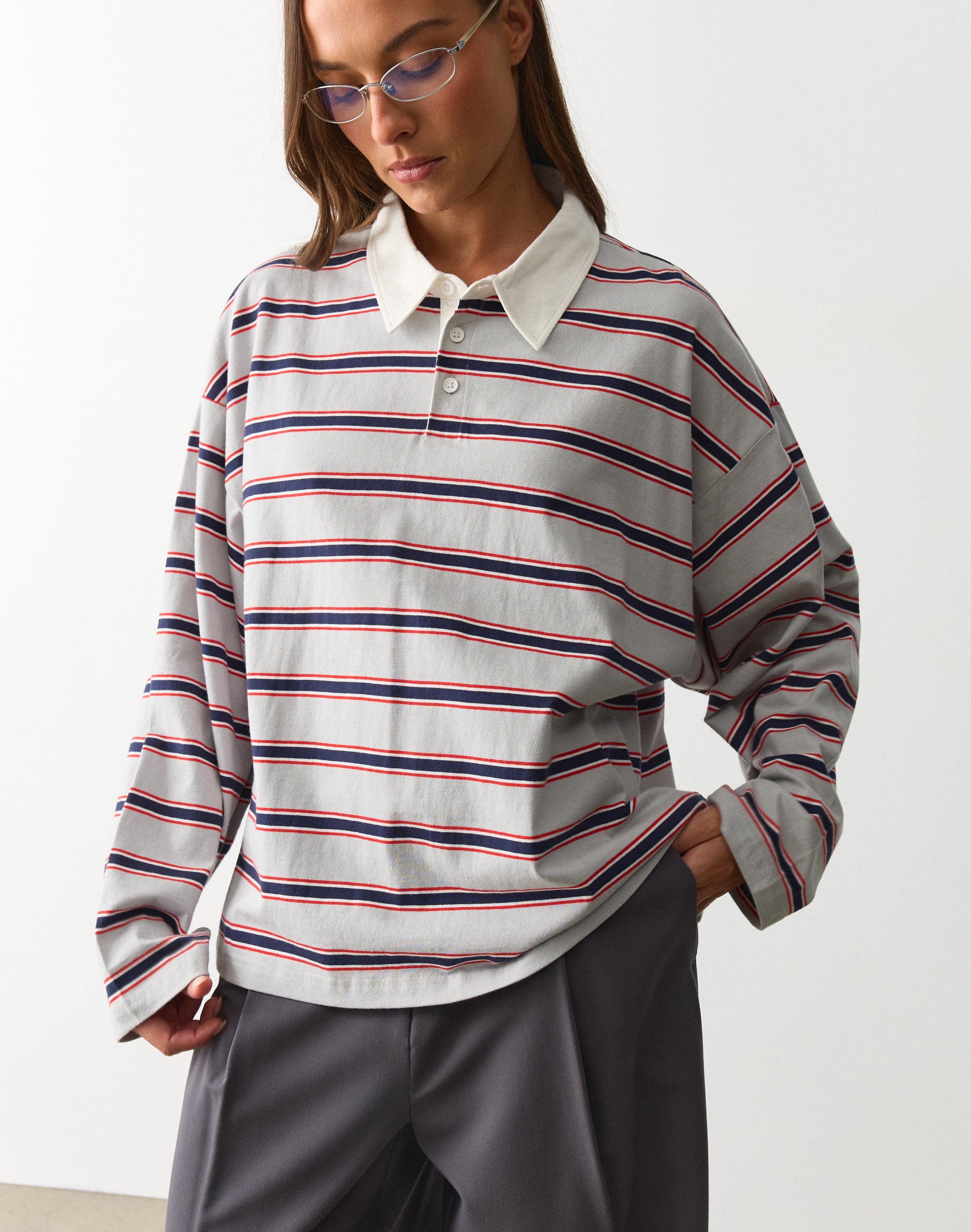 Stripe Oversized Long Sleeve Polo in Navy X Reddy Adele Stripe
