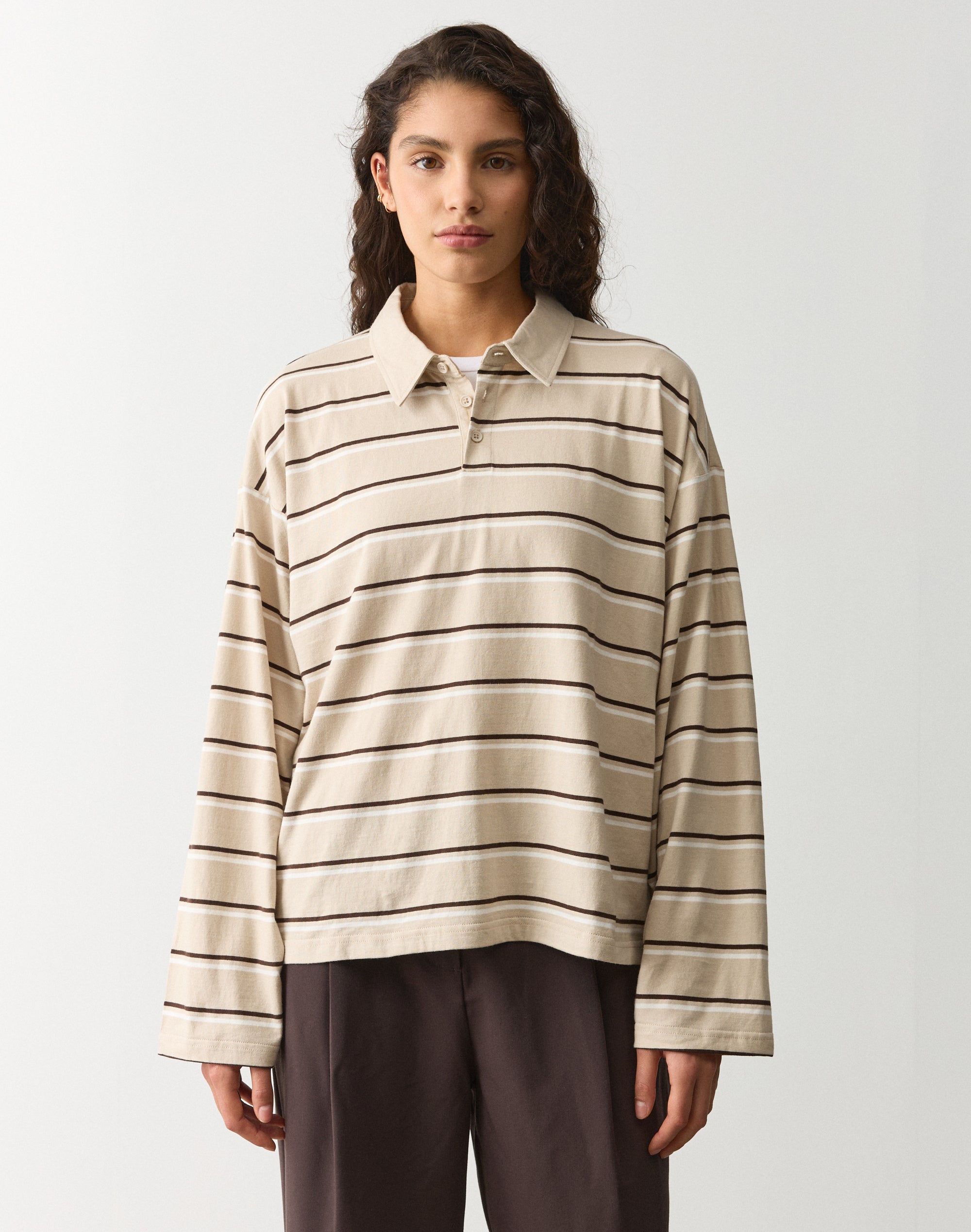 Stripe Oversized Long Sleeve Polo in Solid Sand X Fudge Sing