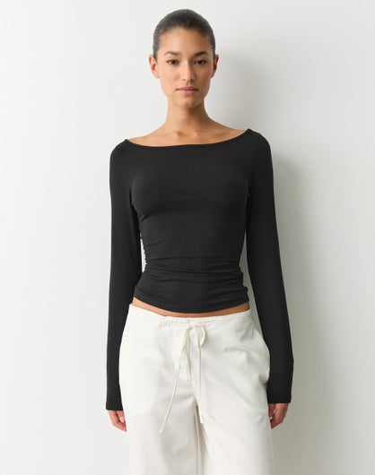 Cotton Boat Neck Long Sleeve Top